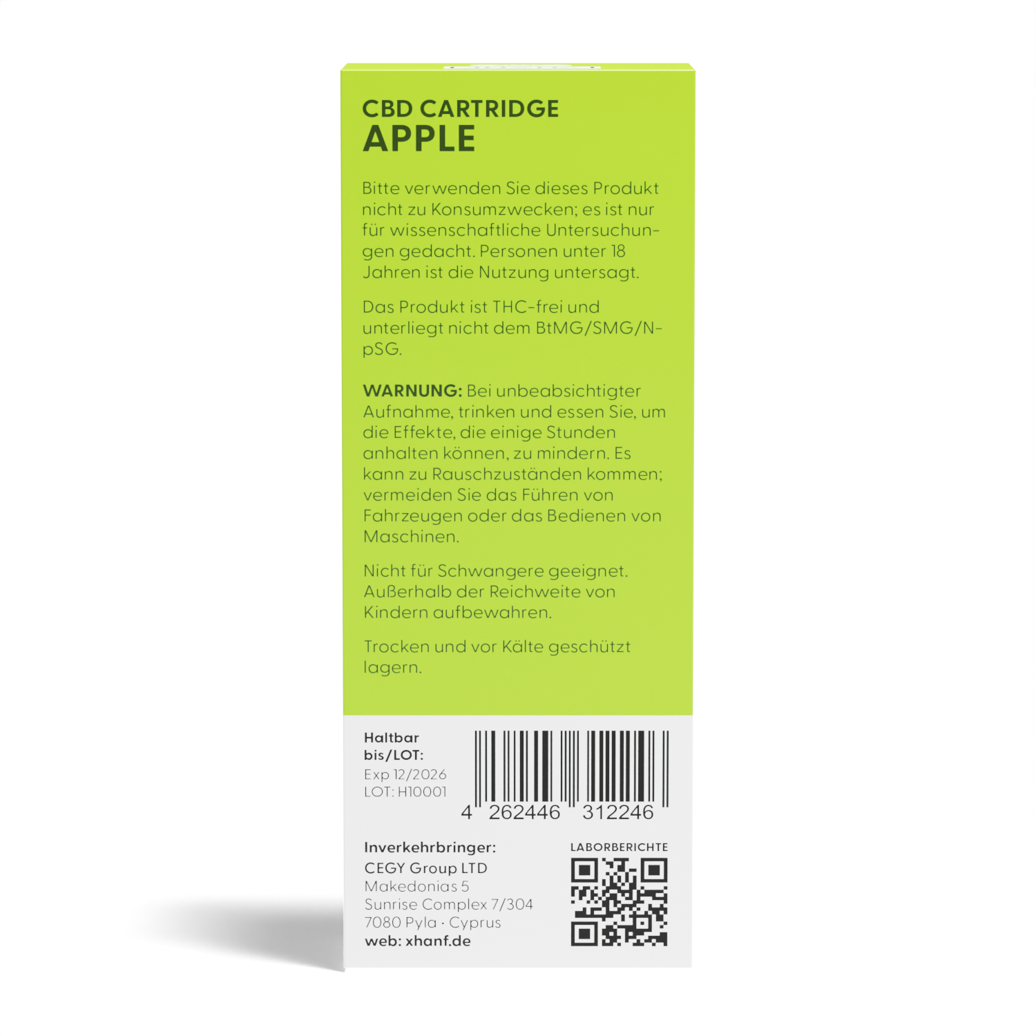 Rückseite der XHANF CBD Cartridge Apple 1 ml Verpackung mit Warnhinweisen und Barcode
