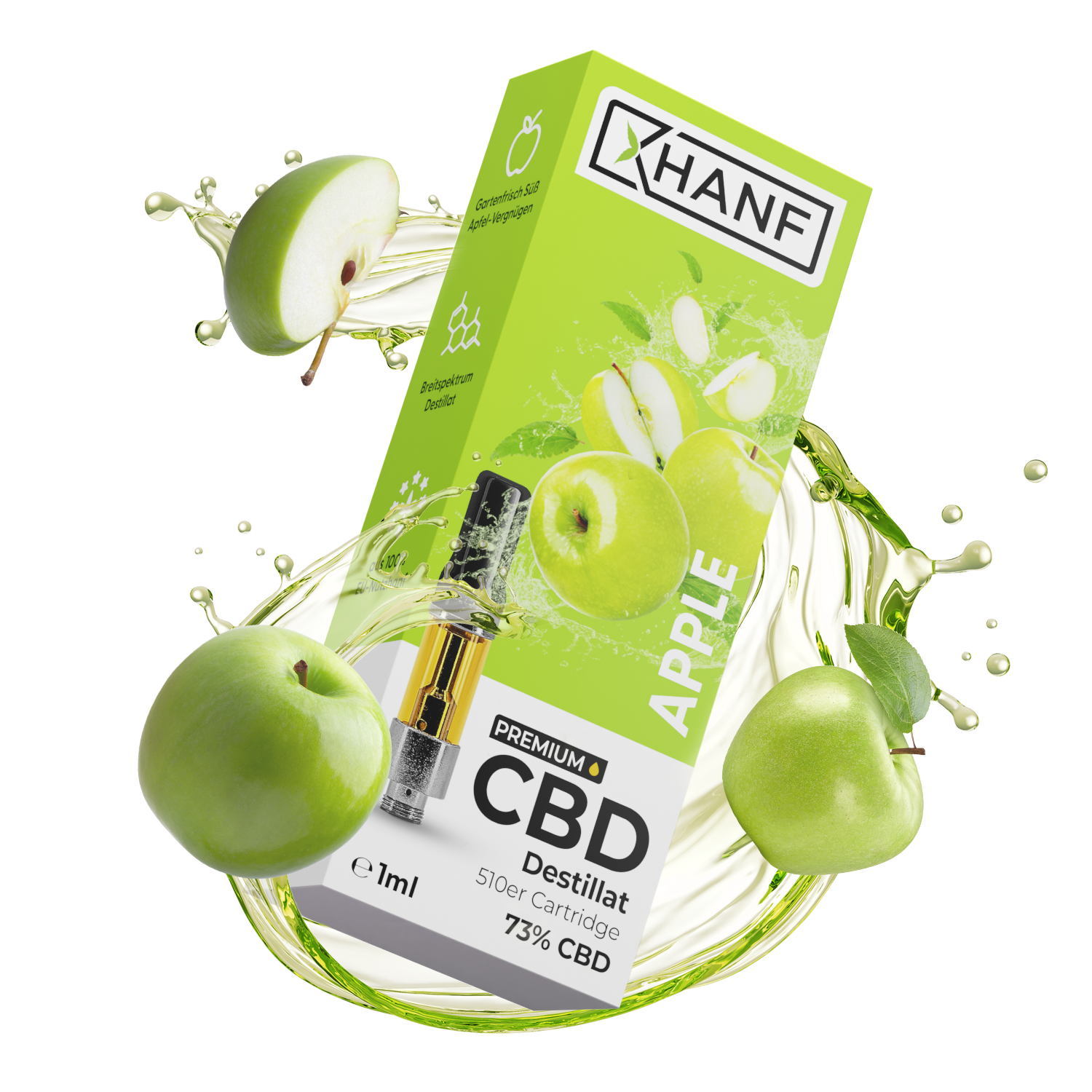 XHANF CBD Cartridge Apple im dynamischen Apfel Splash Design mit grünem Apfelmotiv