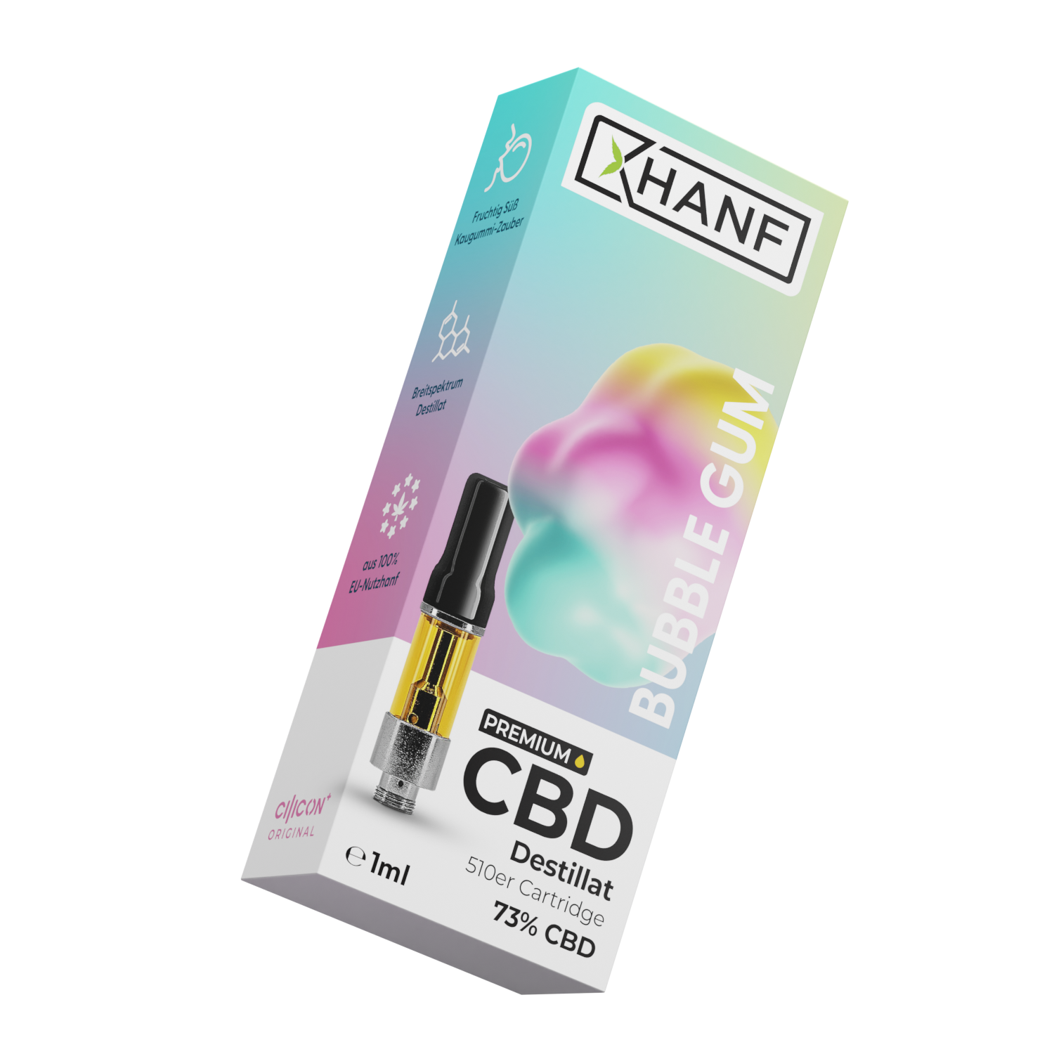 Schräg dargestellte XHANF CBD Cartridge Bubble Gum Verpackung mit 1 ml Inhalt und 73 Prozent CBD