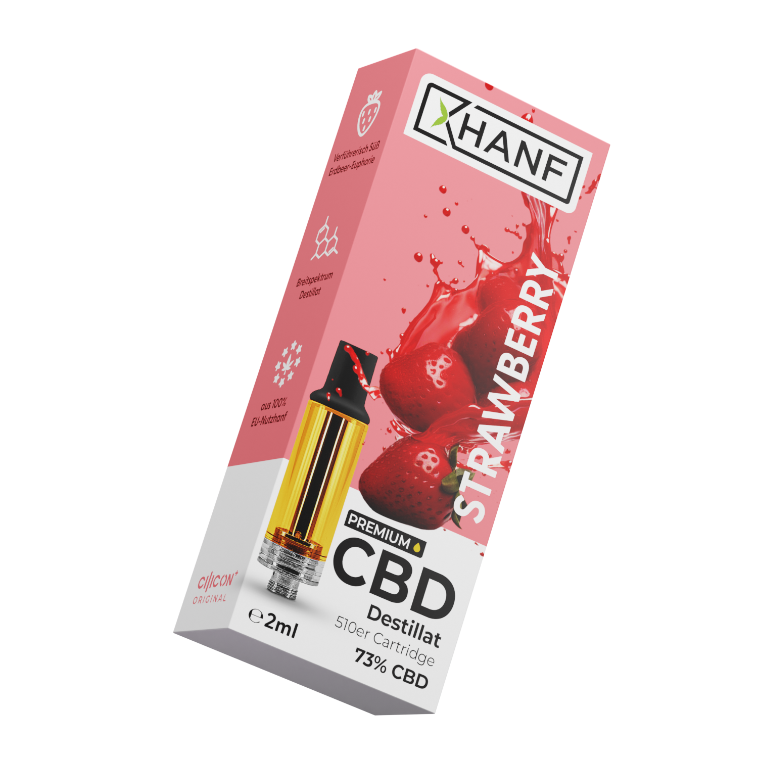 Schräg dargestellte rosa Verpackung der XHANF CBD Cartridge Strawberry mit Erdbeer Splash
