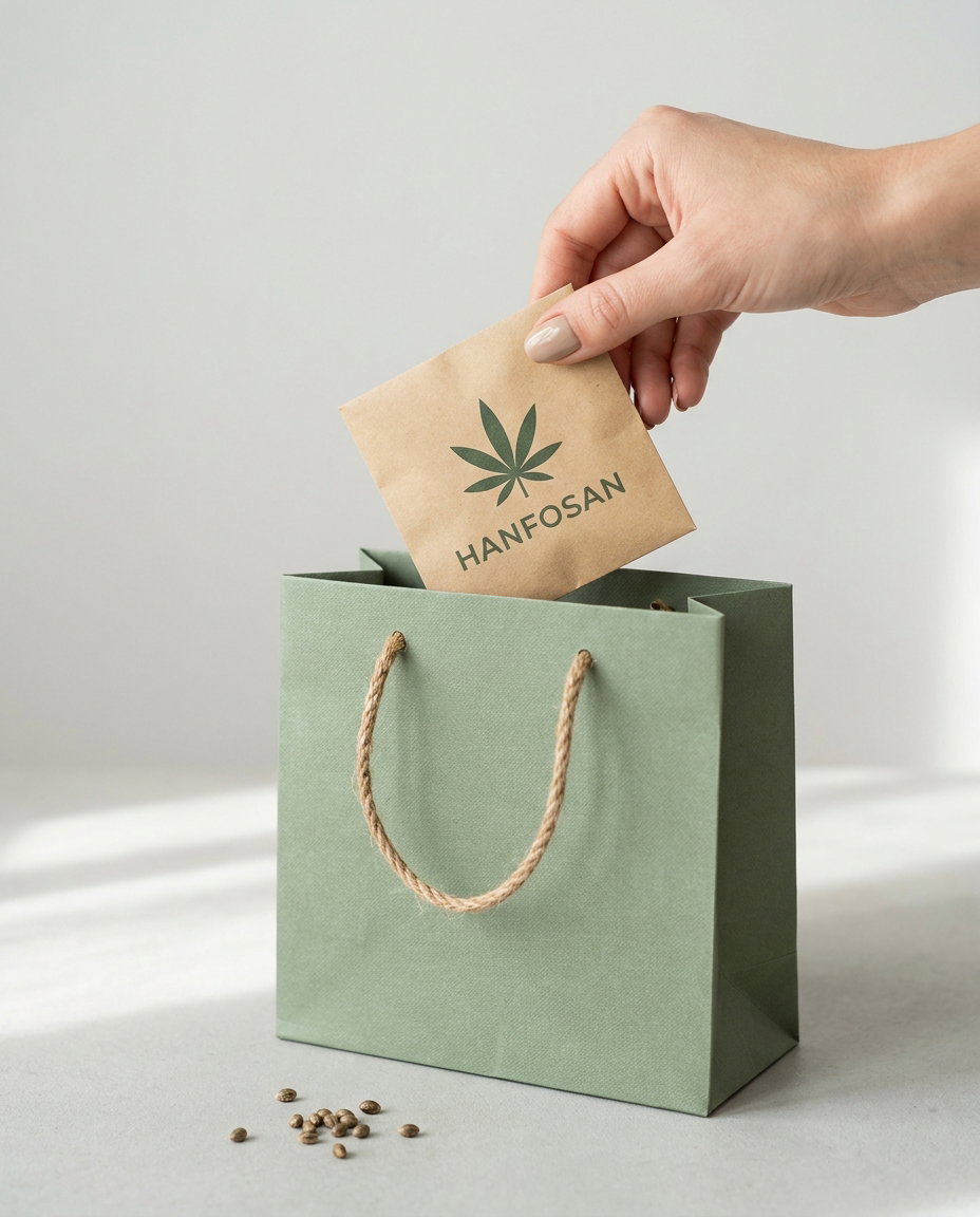 Cannabis Samen kaufen bei Hanfosan, Samen-Sachet und Hanfsamen vor heller Kulisse.