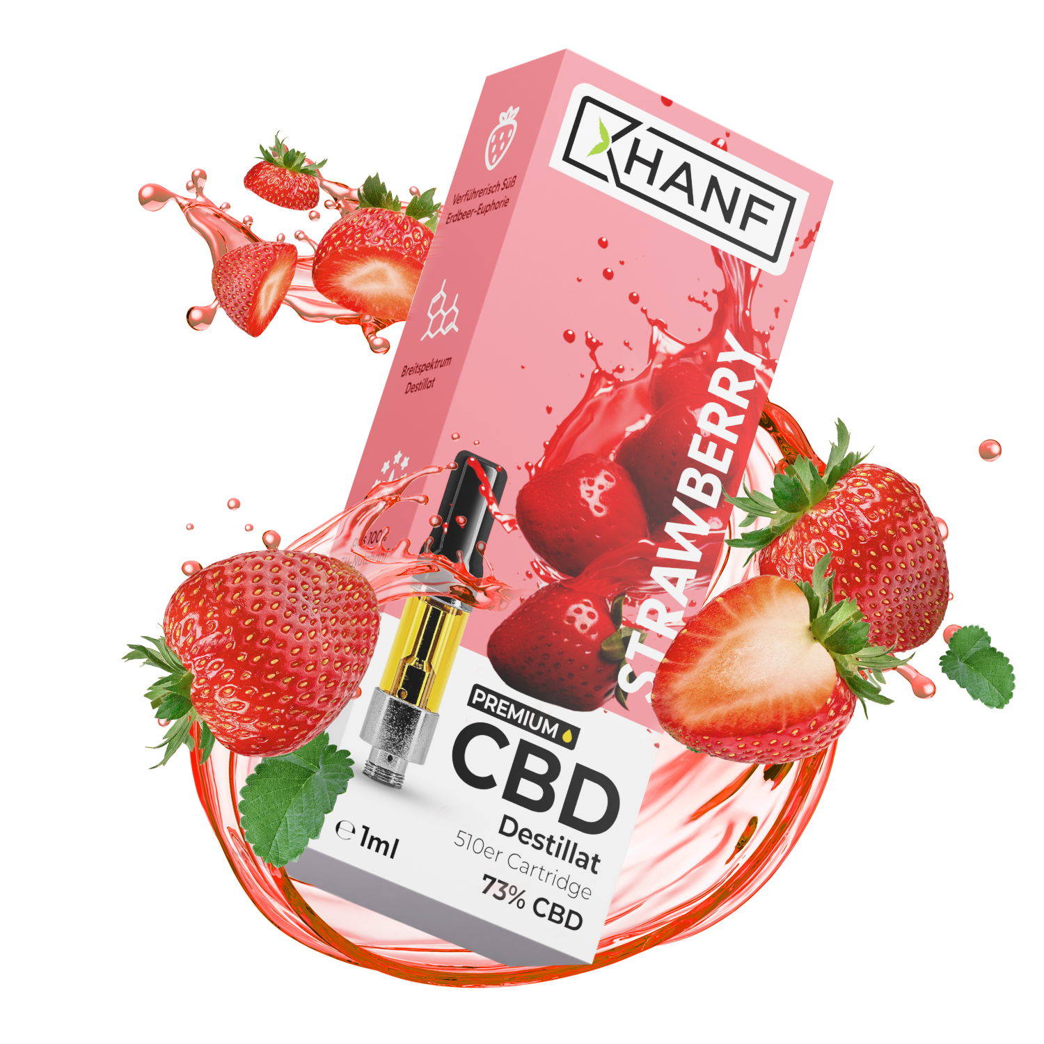 XHANF CBD Vape Strawberry mit frischen Erdbeeren und dynamischem Splash Effekt