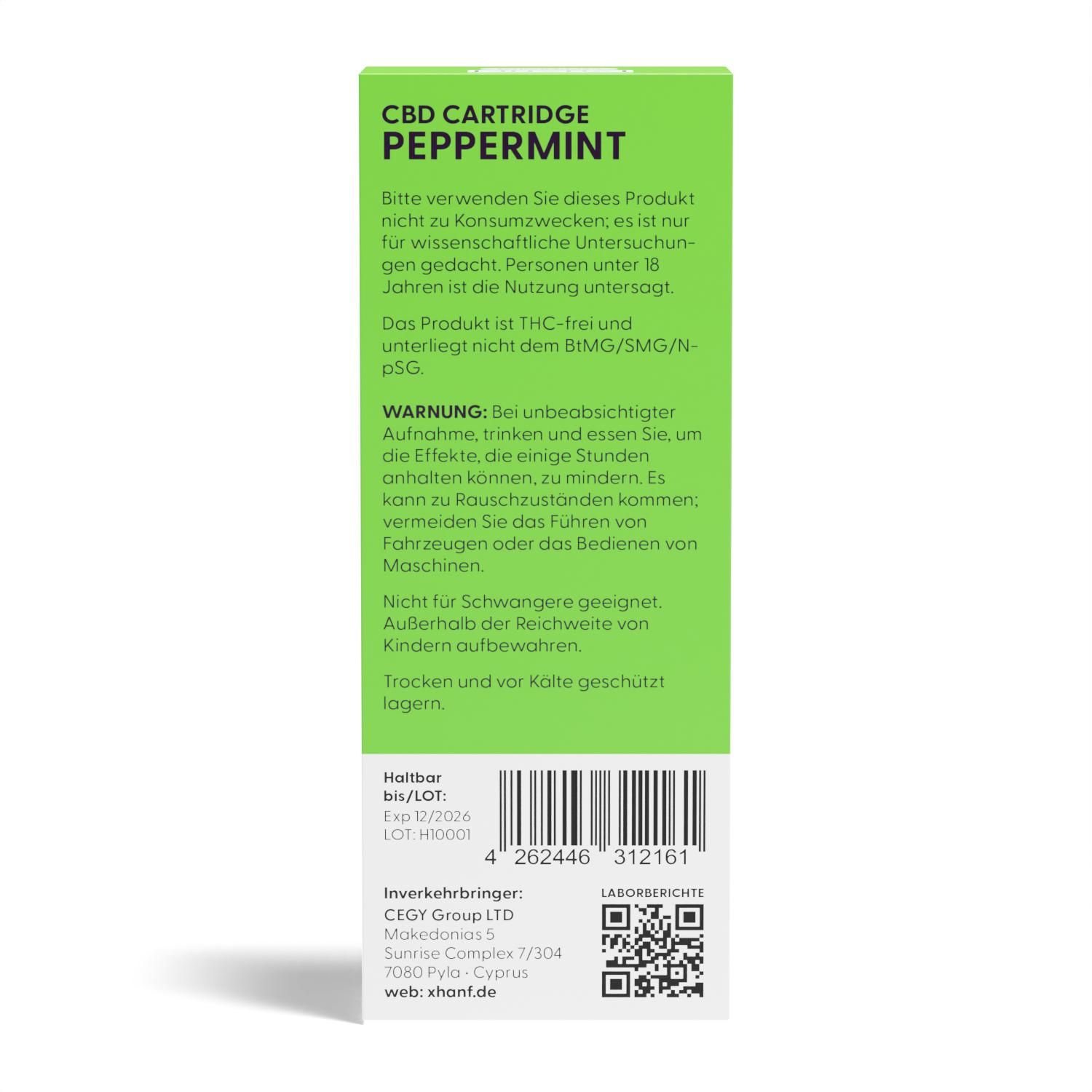 Rückseite der XHANF CBD Vape Cartridge Peppermint mit Inhalts und Warnhinweisen