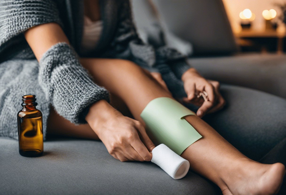 CBD gegen Gelenkschmerzen: Natürliches Öl zur äußeren Anwendung Frau legt einen Verband mit CBD-Öl und Pflaster auf ihr schmerzendes Bein – Linderung bei Gelenkbeschwerden.