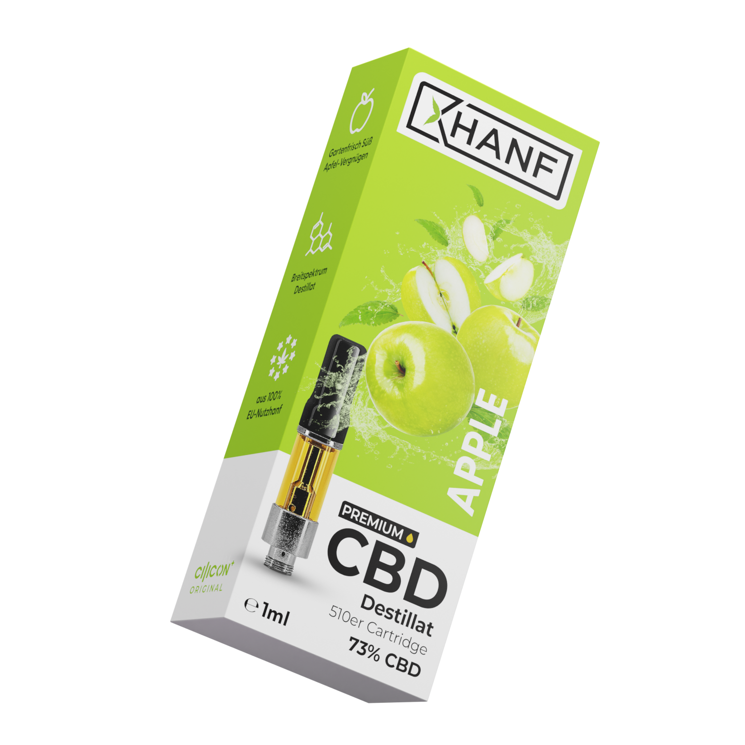 Schräg dargestellte XHANF CBD Cartridge Apple Verpackung mit 1 ml Inhalt und 73 Prozent CBD