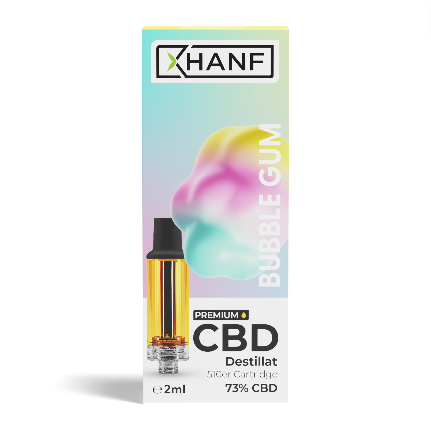 Frontansicht der XHANF CBD Cartridge Bubble Gum mit farbigem Kaugummi Wolkenmotiv und 73 Prozent CBD