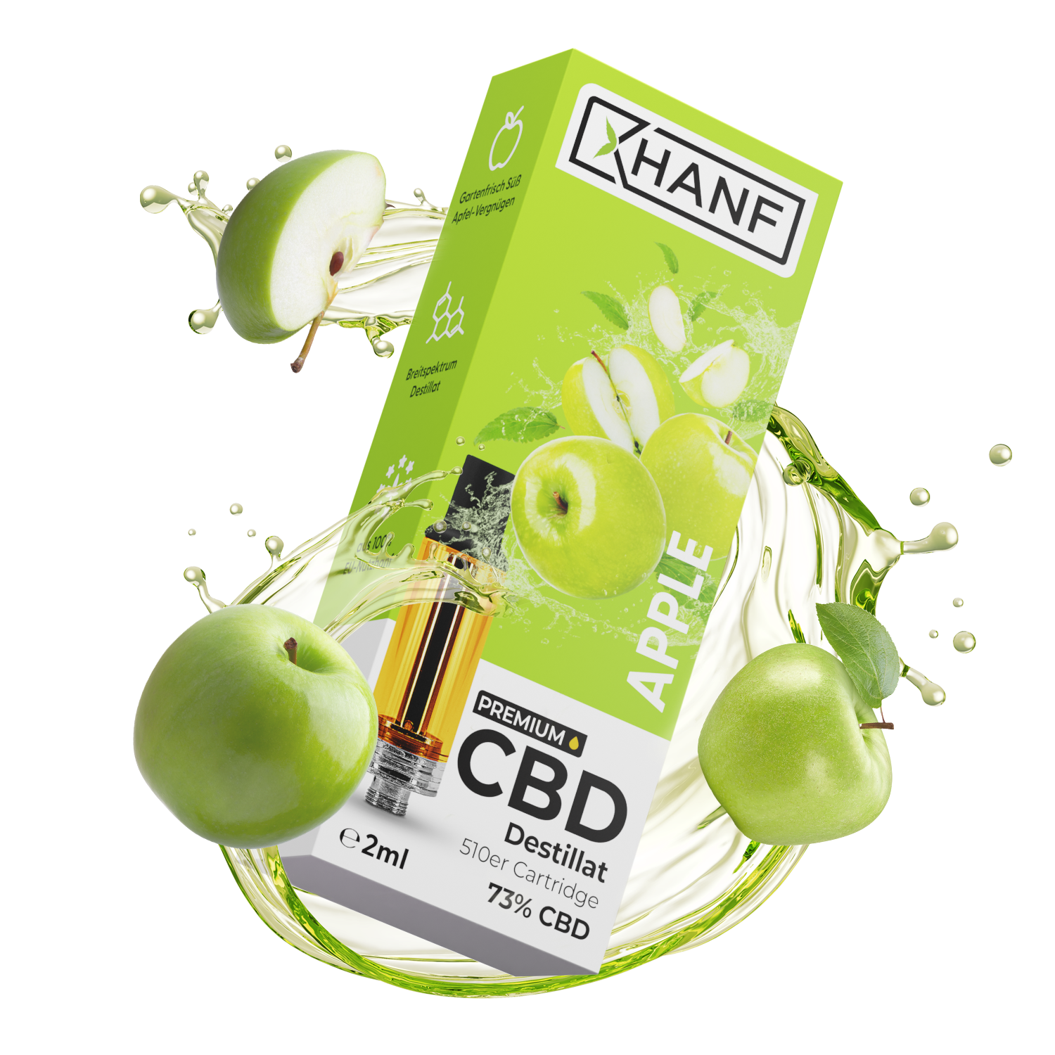 XHANF CBD Apple Cartridge in dynamischem Design mit grünen Äpfeln und Splash Effekt