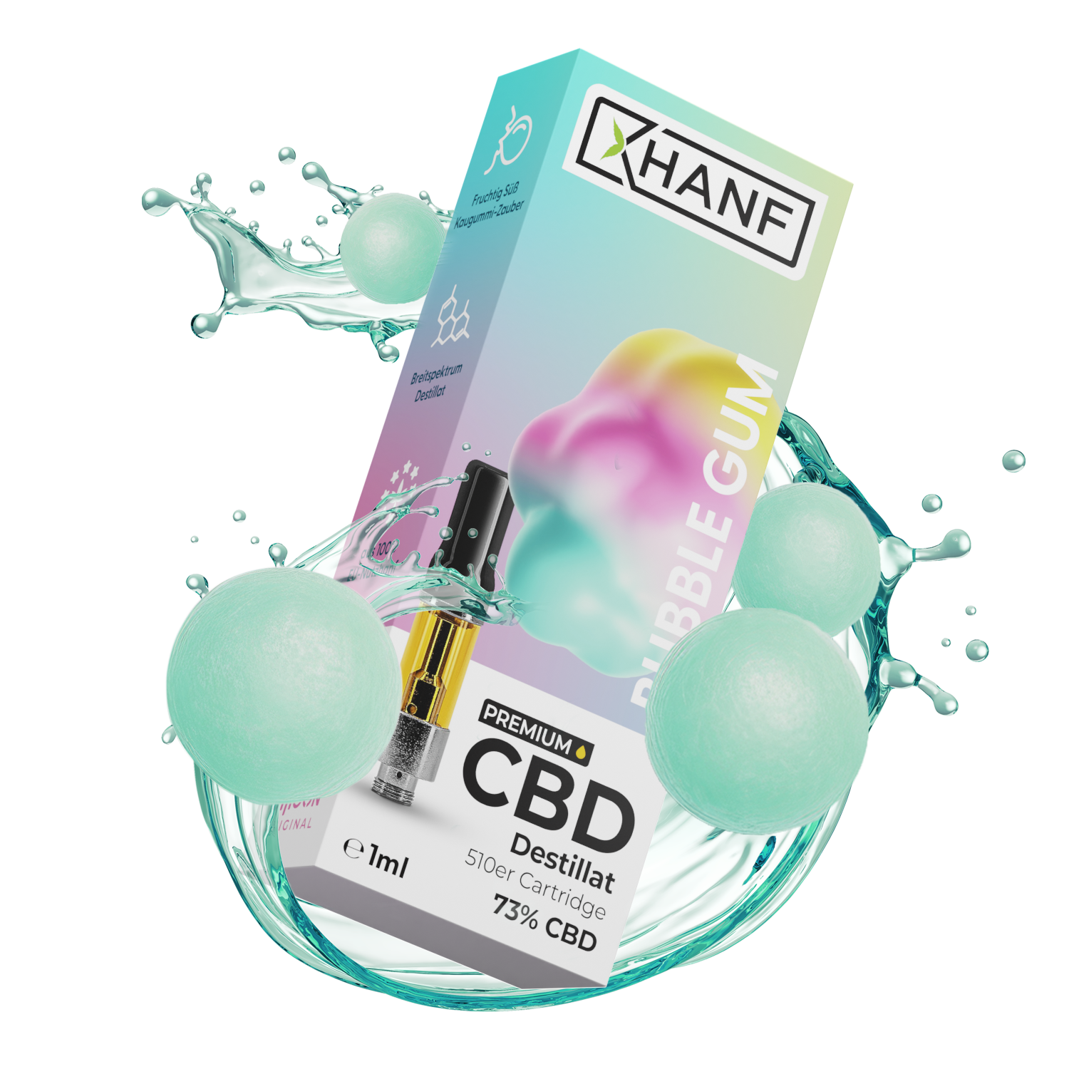 XHANF CBD Cartridge Bubble Gum im dynamischen Kaugummi Splash Design mit pastellfarbenem Bubble Gum Motiv
