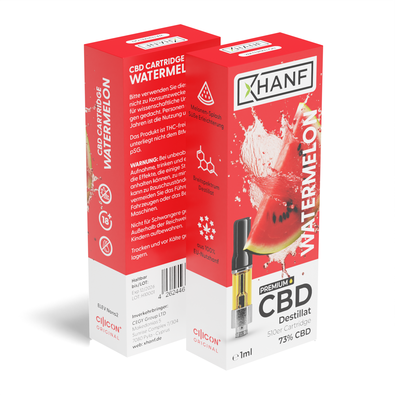 XHANF CBD Vape Watermelon Vorderseite mit Wassermelonendesign und Cartridge Abbildung