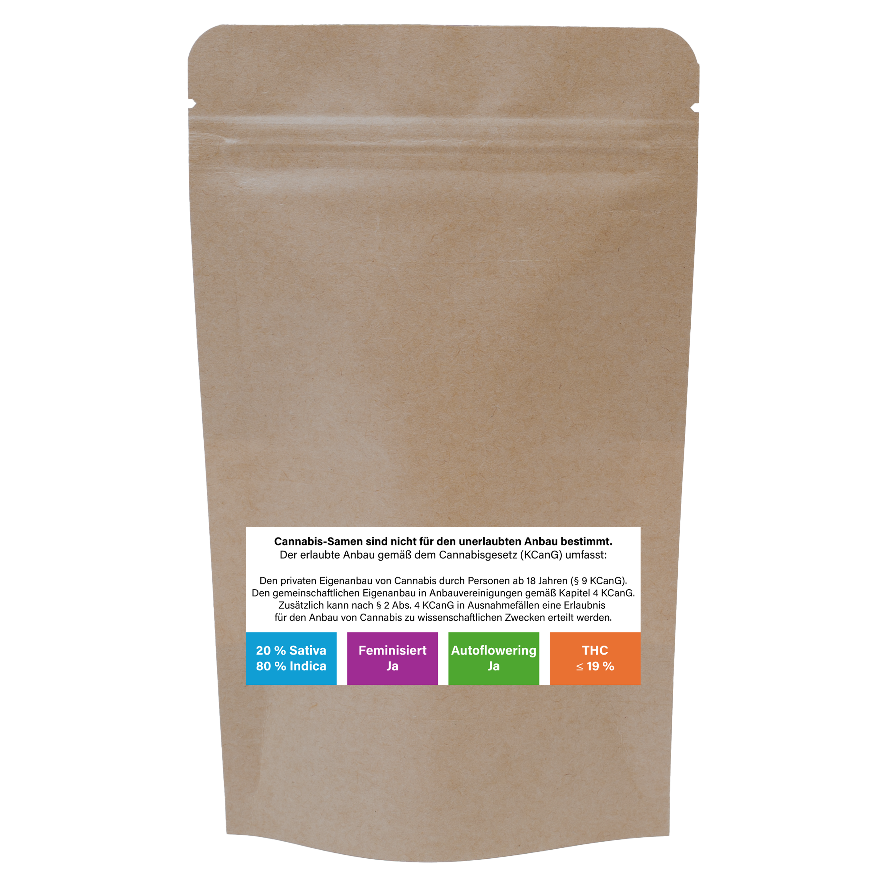 Rückseite einer Don-Canna-Samenverpackung aus braunem Kraftpapier mit gesetzlichem Hinweis zu Cannabis-Samen sowie Sorteninformationen: 20 % Sativa, 80 % Indica, feminisiert, autoflowering und THC ≤ 19 %.