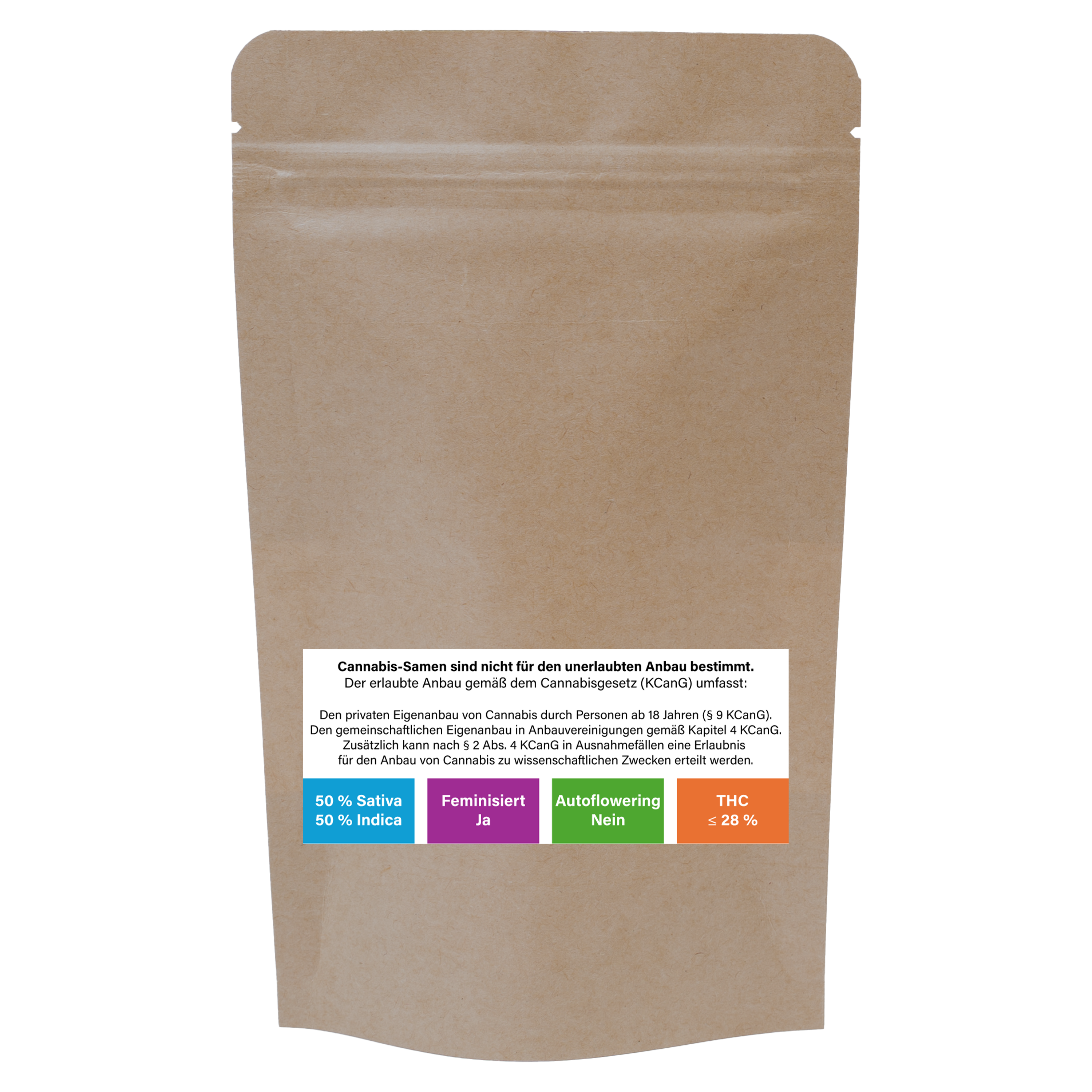 Rückseite einer Don-Canna-Samenverpackung aus braunem Kraftpapier mit gesetzlichem Hinweis zu Cannabis-Samen sowie Sortenangaben: 50 % Sativa, 50 % Indica, feminisiert, kein Autoflowering und THC ≤ 28 %.