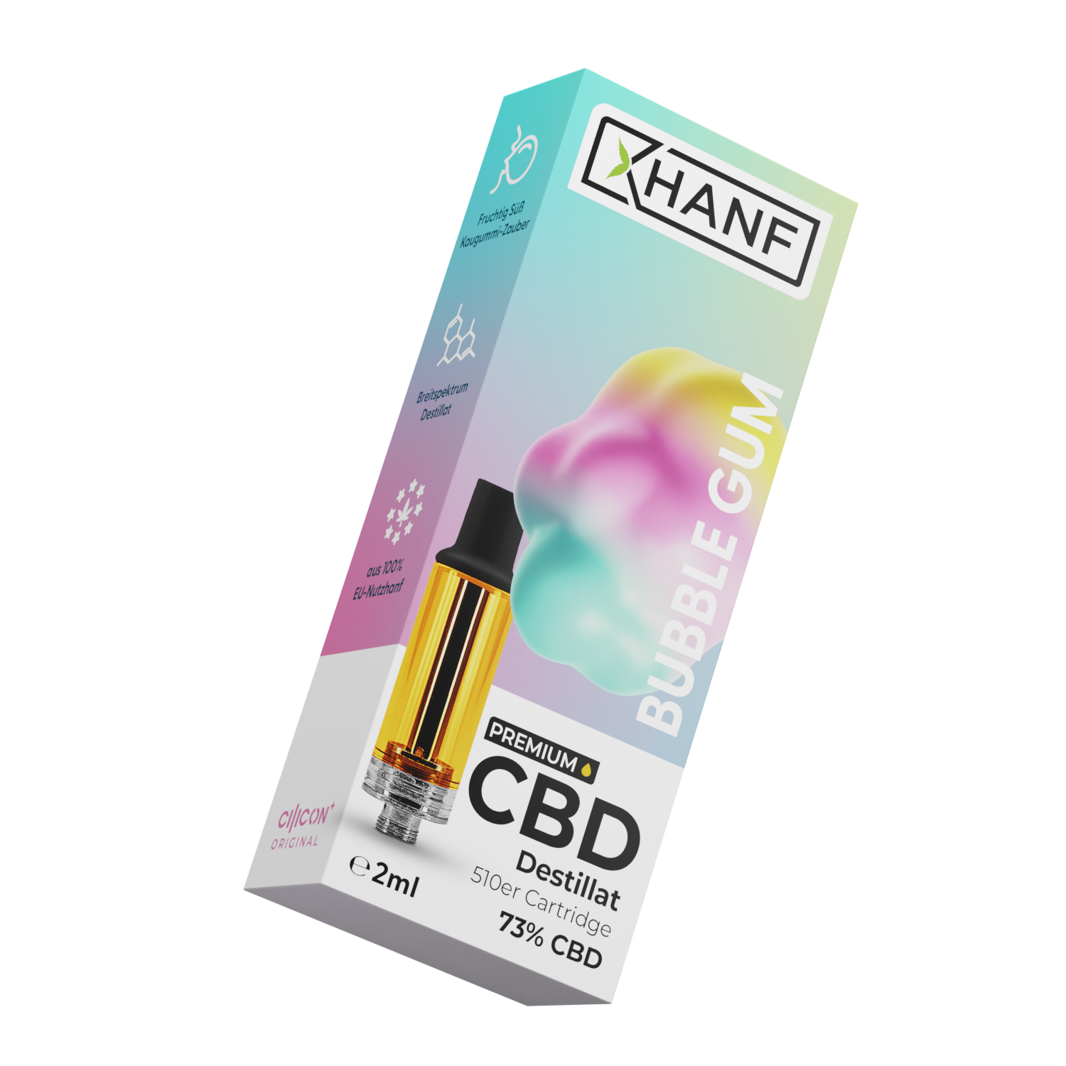 Schräg dargestellte XHANF CBD Cartridge Bubble Gum Verpackung in pastellfarbenem Design