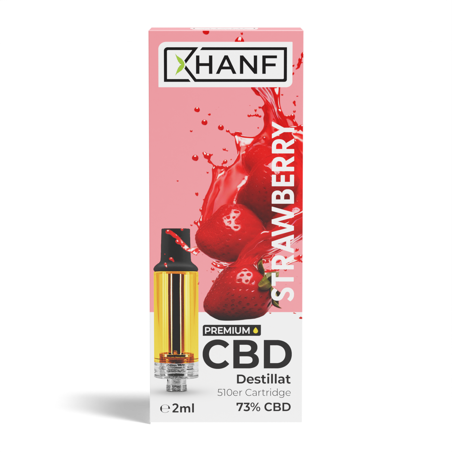 Frontansicht der XHANF CBD Cartridge Strawberry mit frischen Erdbeeren und 73 Prozent CBD