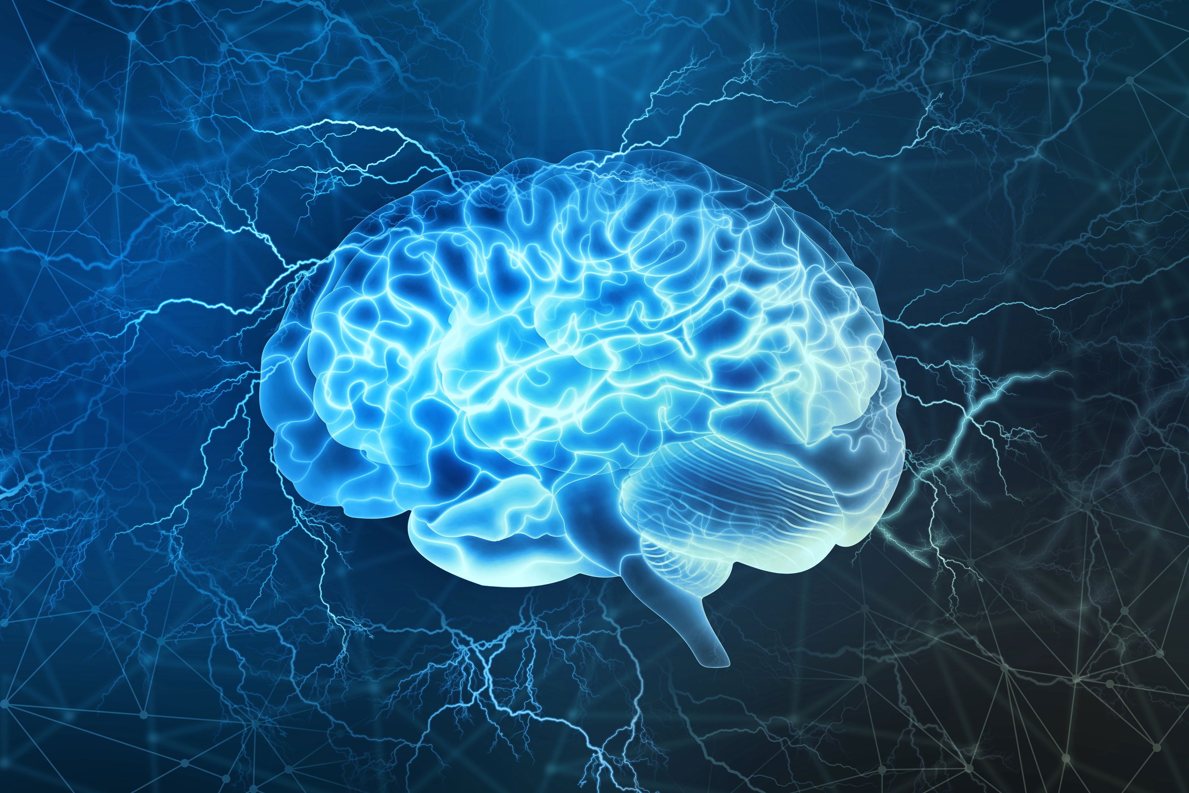 CBD bei Chorea Huntington – neurologische Aktivität im Fokus Leuchtendes, digital gerendertes Gehirn mit elektrischen Impulsen vor einem dunklen Netzwerk-Hintergrund – Symbol für neuronale Aktivität und neurologische Erkrankungen wie Chorea Huntington