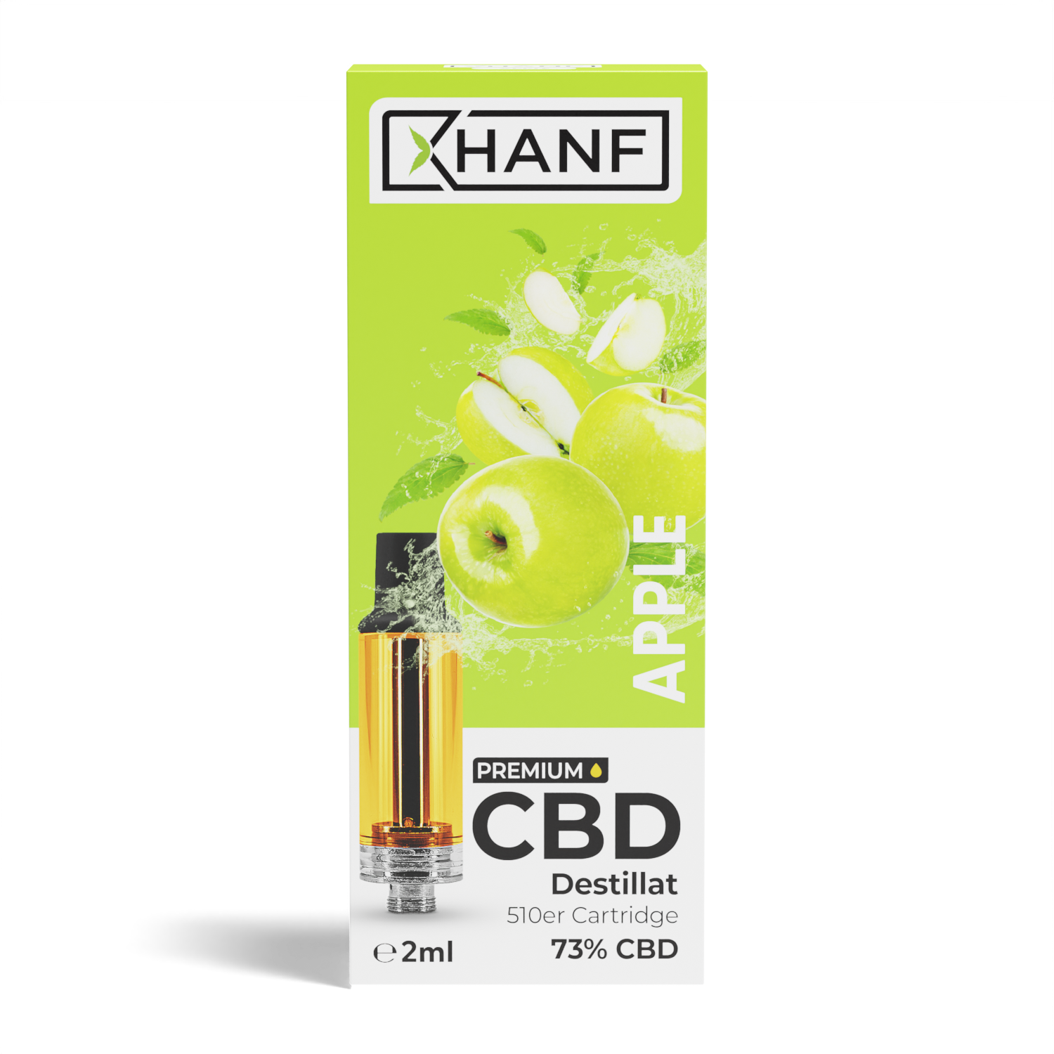 Frontansicht der XHANF CBD Vape Cartridge Apple mit 73 Prozent CBD