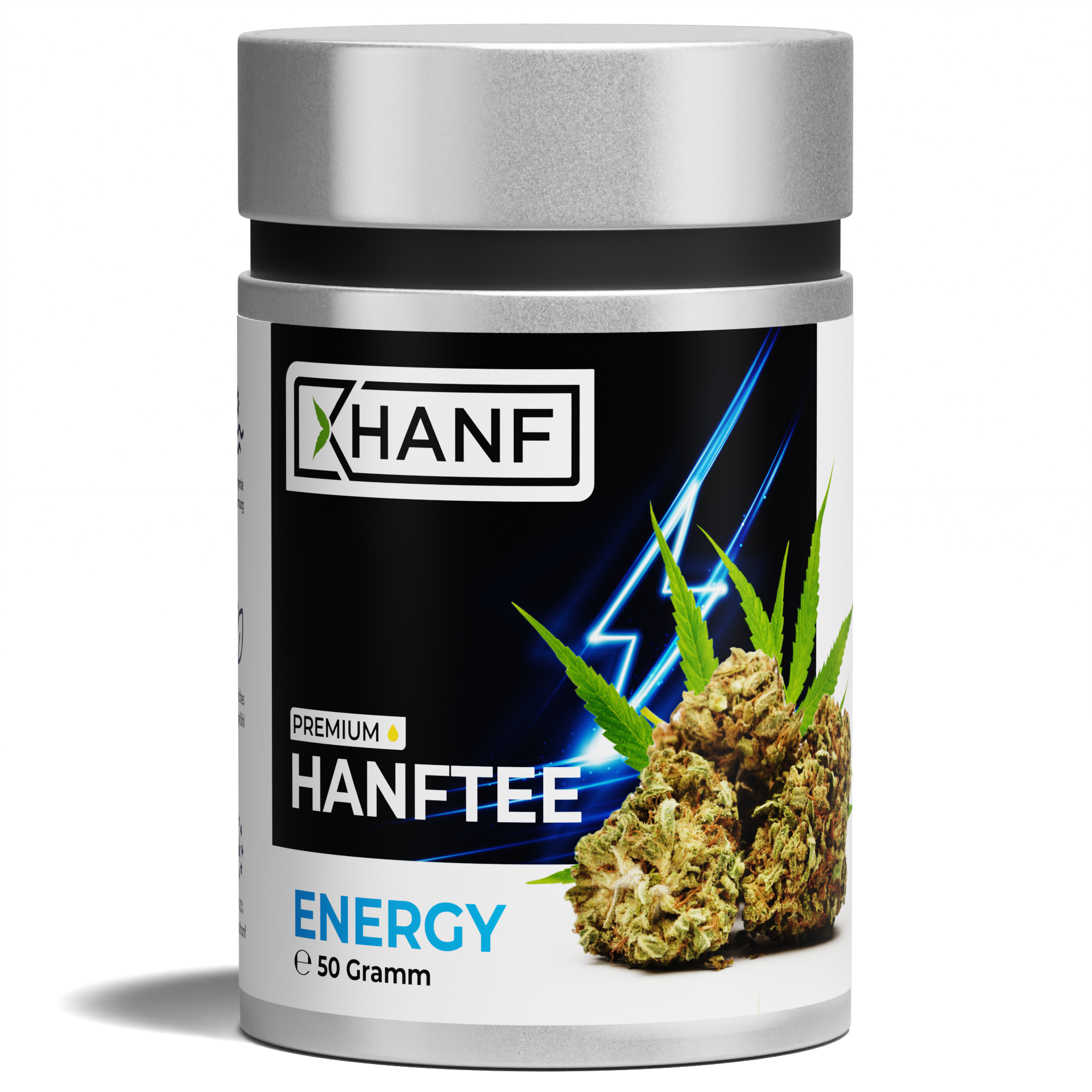XHANF Premium Hanftee Energy 50 Gramm Dose mit Hanfblütenmotiv