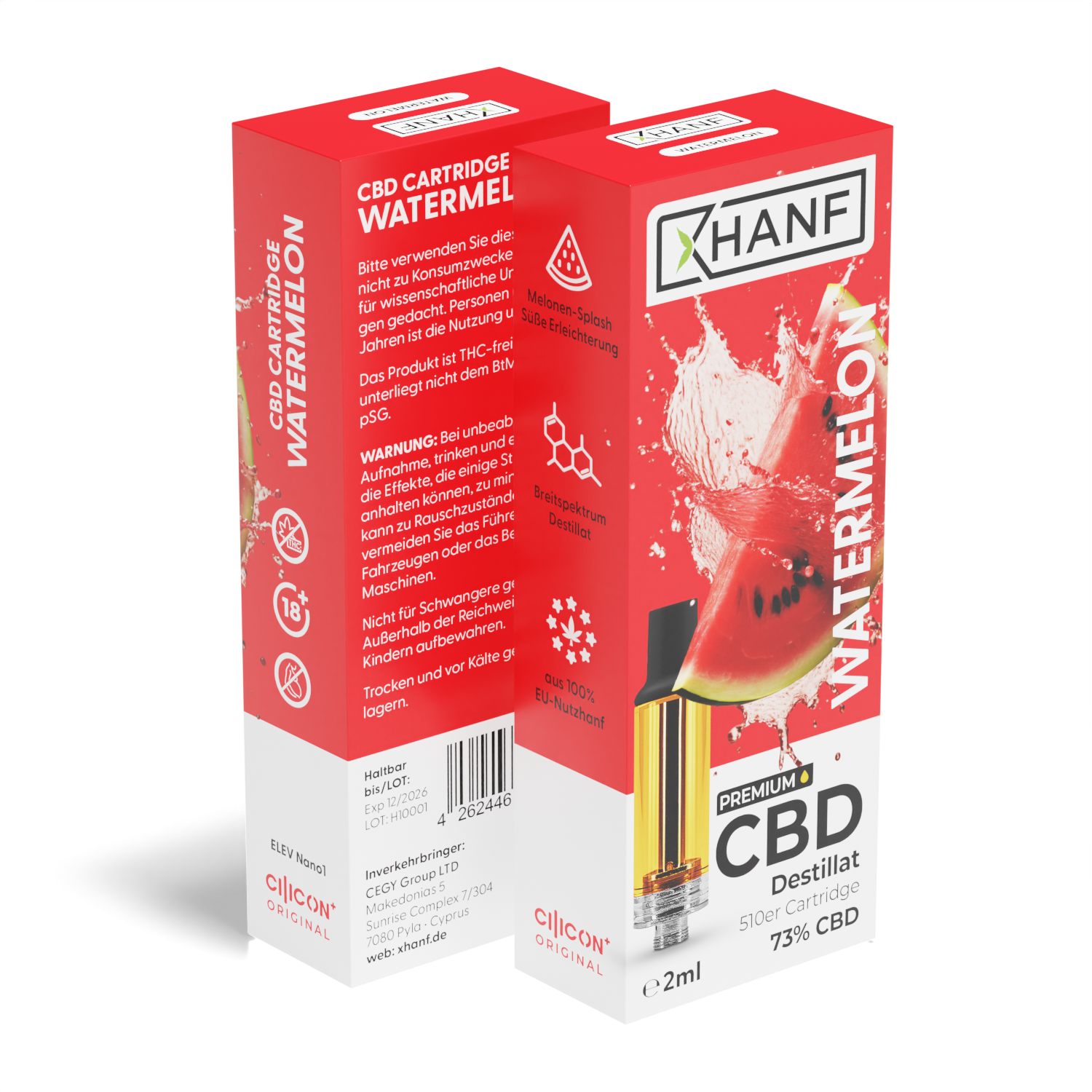 XHANF CBD Cartridge Watermelon mit Vorder und Seitenansicht der roten Verpackung