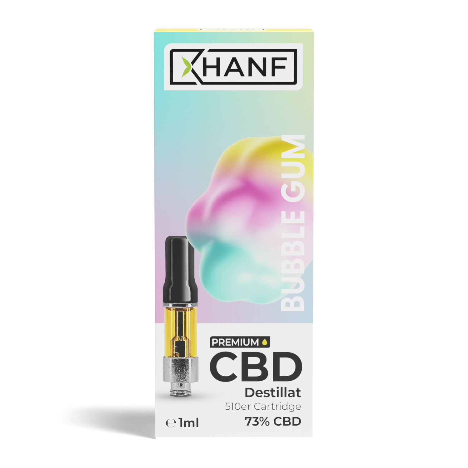 Frontansicht der XHANF CBD Cartridge Bubble Gum mit 1 ml Inhalt und 73 Prozent CBD
