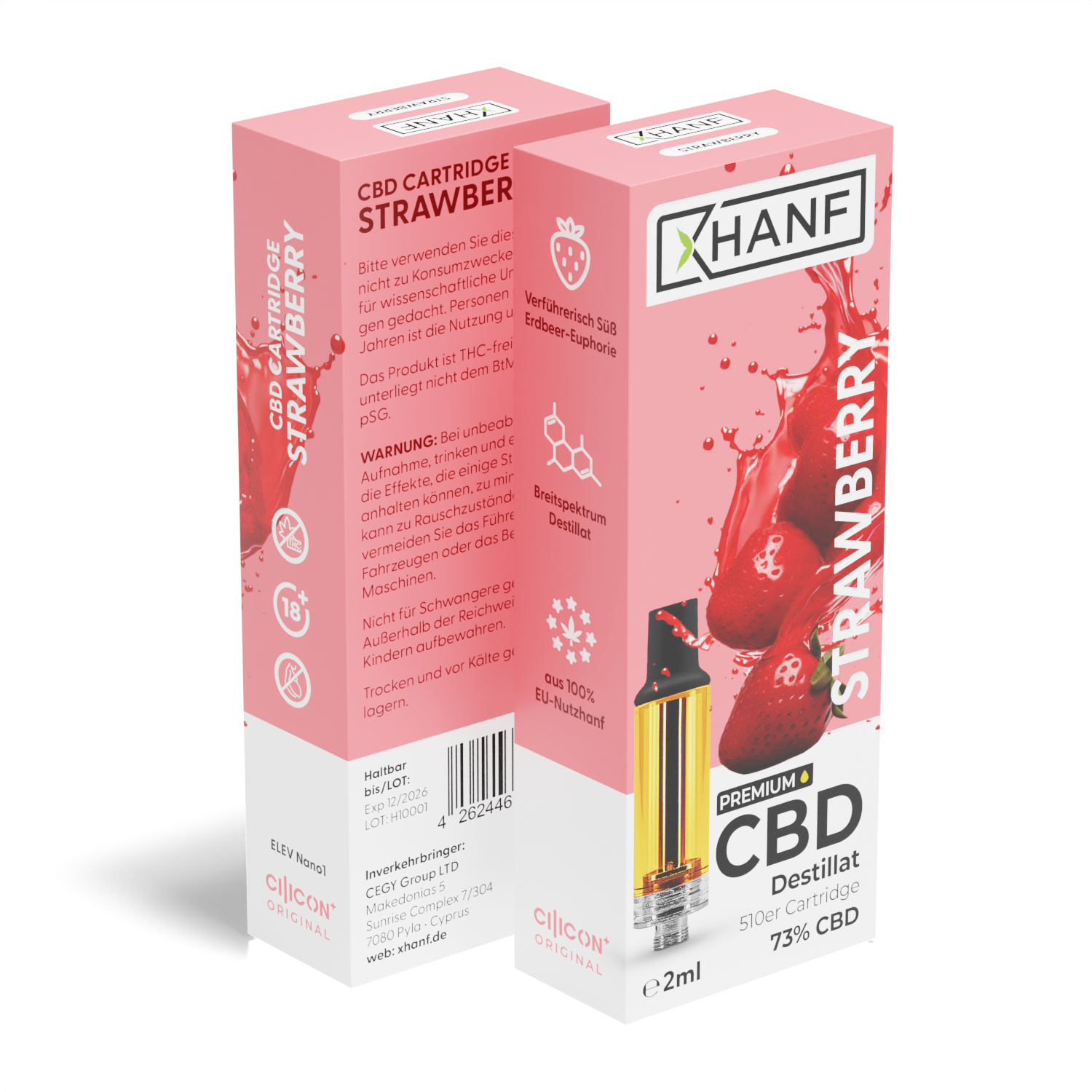 XHANF CBD Cartridge Strawberry mit Vorder und Seitenansicht der rosafarbenen Verpackung