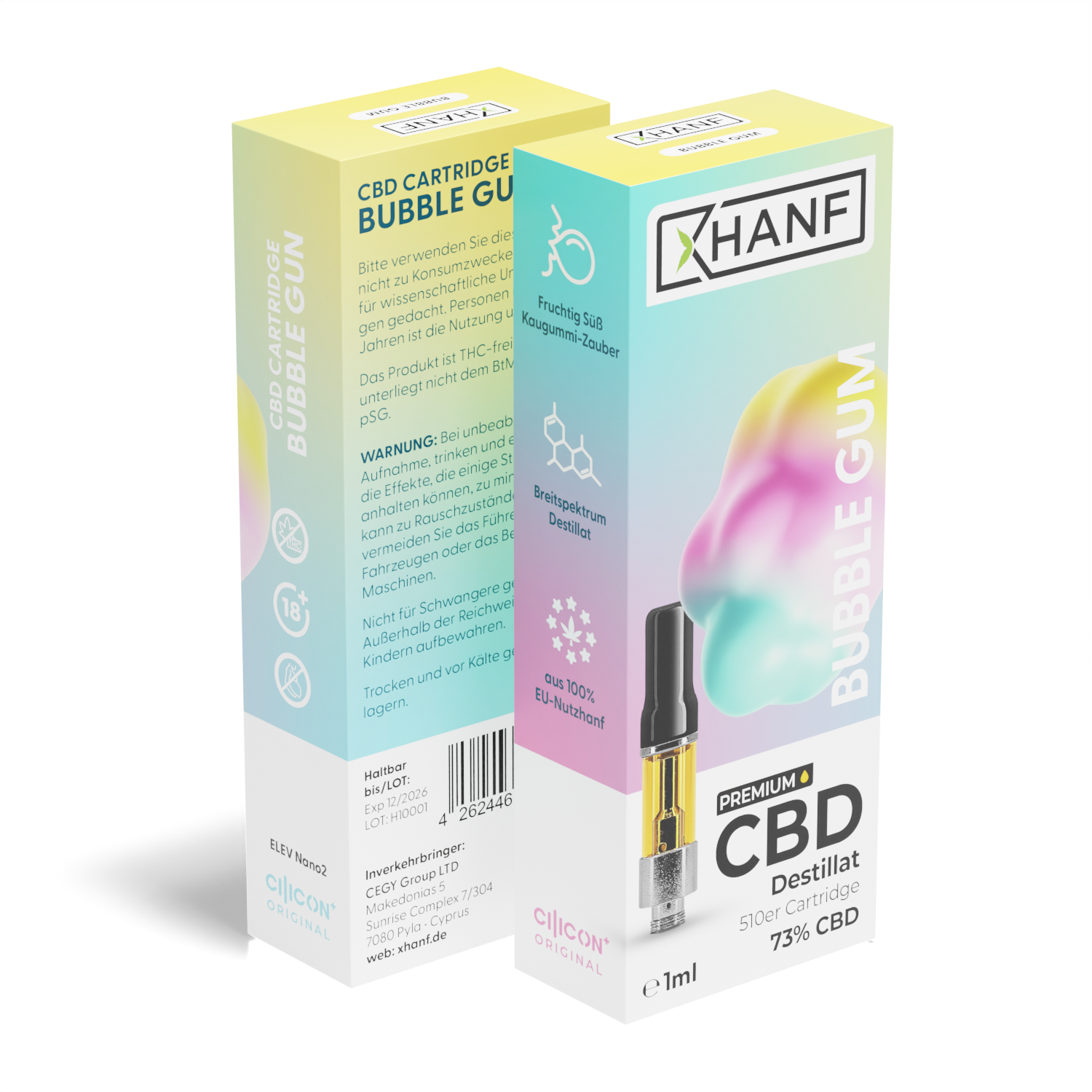 XHANF CBD Cartridge Bubble Gum 1 ml mit Vorder und Seitenansicht der pastellfarbenen Verpackung