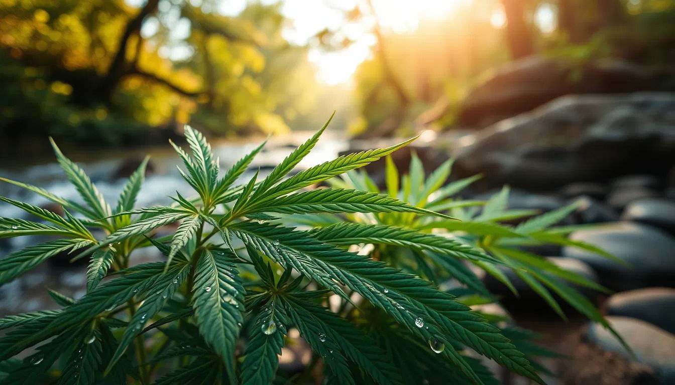 Natürlichkeit pur – Hanfpflanze mit Morgentau im Einklang mit der Natur Nahaufnahme einer Hanfpflanze mit Tautropfen an den Blättern vor einem Bachlauf im Wald bei Sonnenaufgang