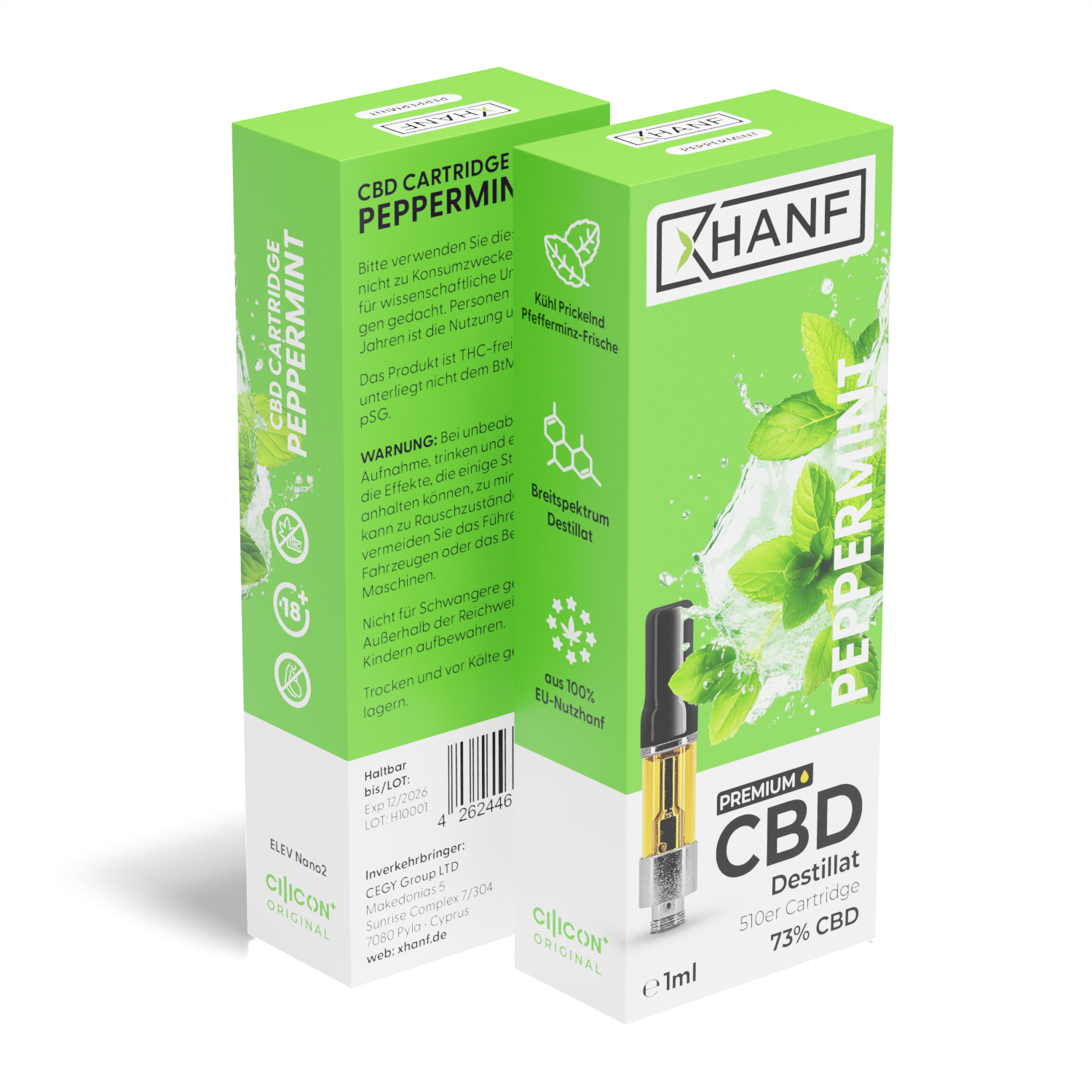 XHANF CBD Vape Peppermint Verpackung aus mehreren Perspektiven mit Cartridge