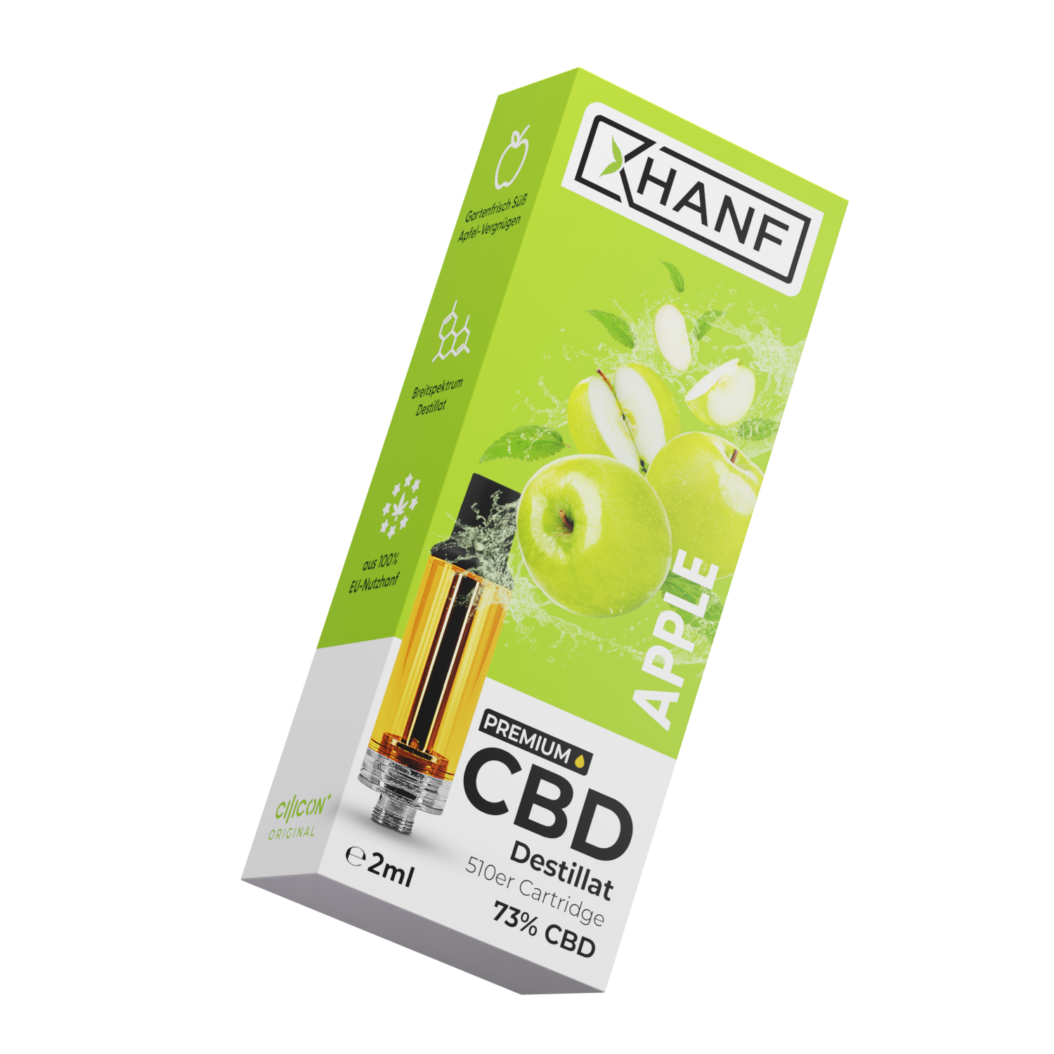 Schräg dargestellte XHANF CBD Apple Cartridge Verpackung in Grün