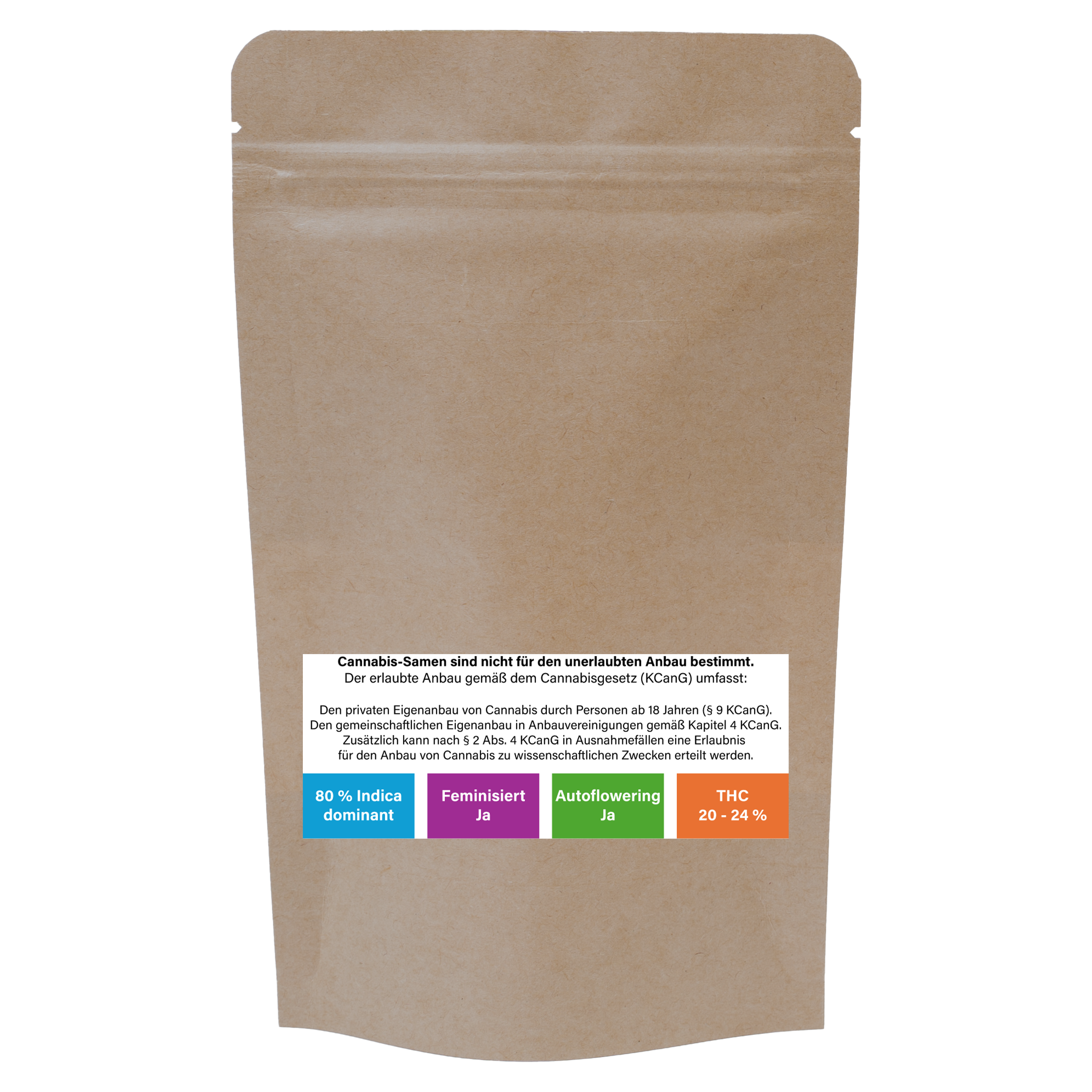 Cannabis-Samen Northern Light – Rückseite der Verpackung Rückseite einer braunen Verpackung mit Hinweistext zum Cannabisgesetz (KCanG) und Angaben zu den Samen: 80 % Indica-dominant, feminisiert, autoflowering, THC-Gehalt 20–24 %.