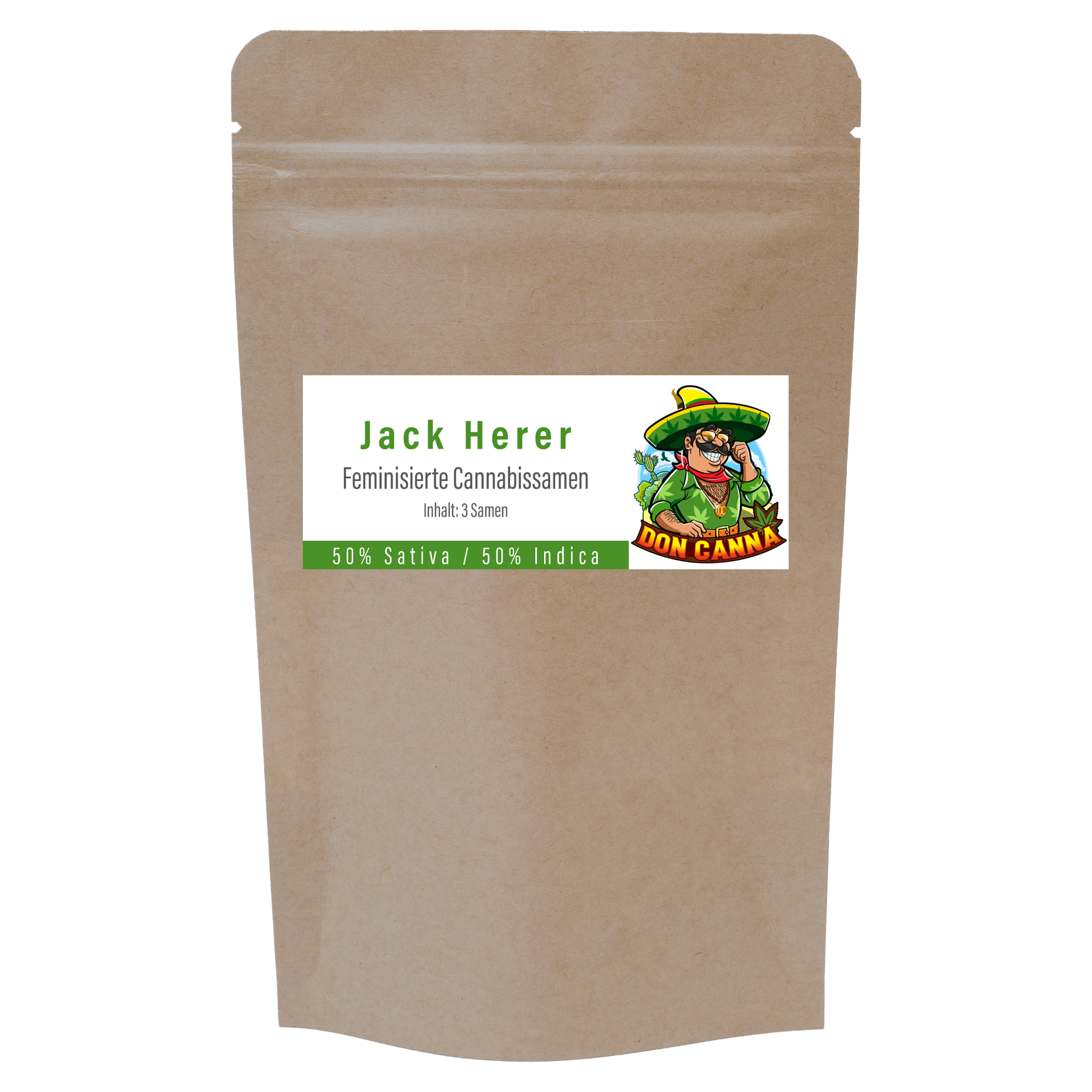 Vorderseite einer Don-Canna-Samenverpackung aus braunem Kraftpapier mit Sortenlabel ‚Jack Herer‘, feminisierte Cannabissamen, Inhalt 3 Samen, 50 % Sativa / 50 % Indica und Don-Canna-Logo.