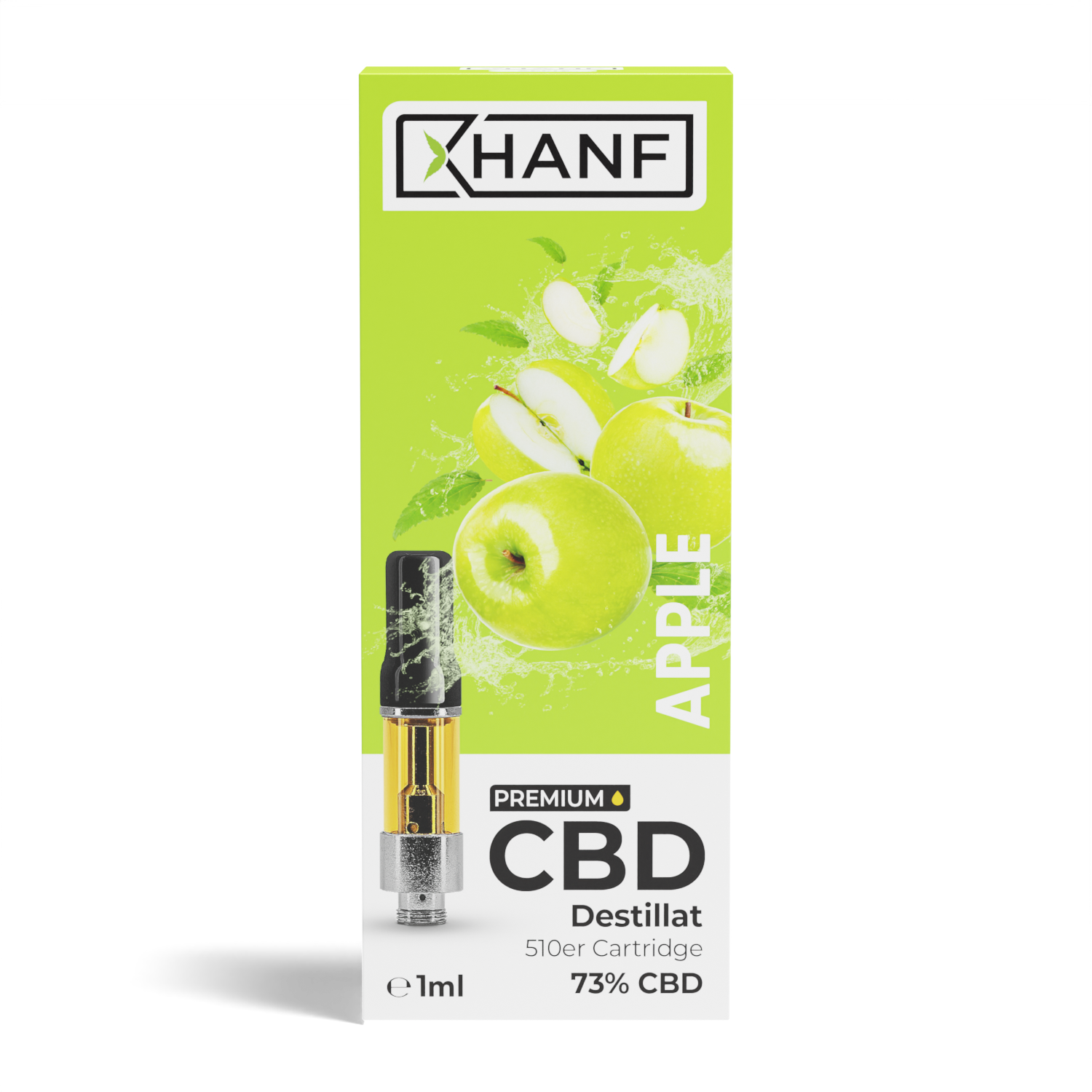 Frontansicht der XHANF CBD Cartridge Apple mit 1 ml Inhalt und 73 Prozent CBD