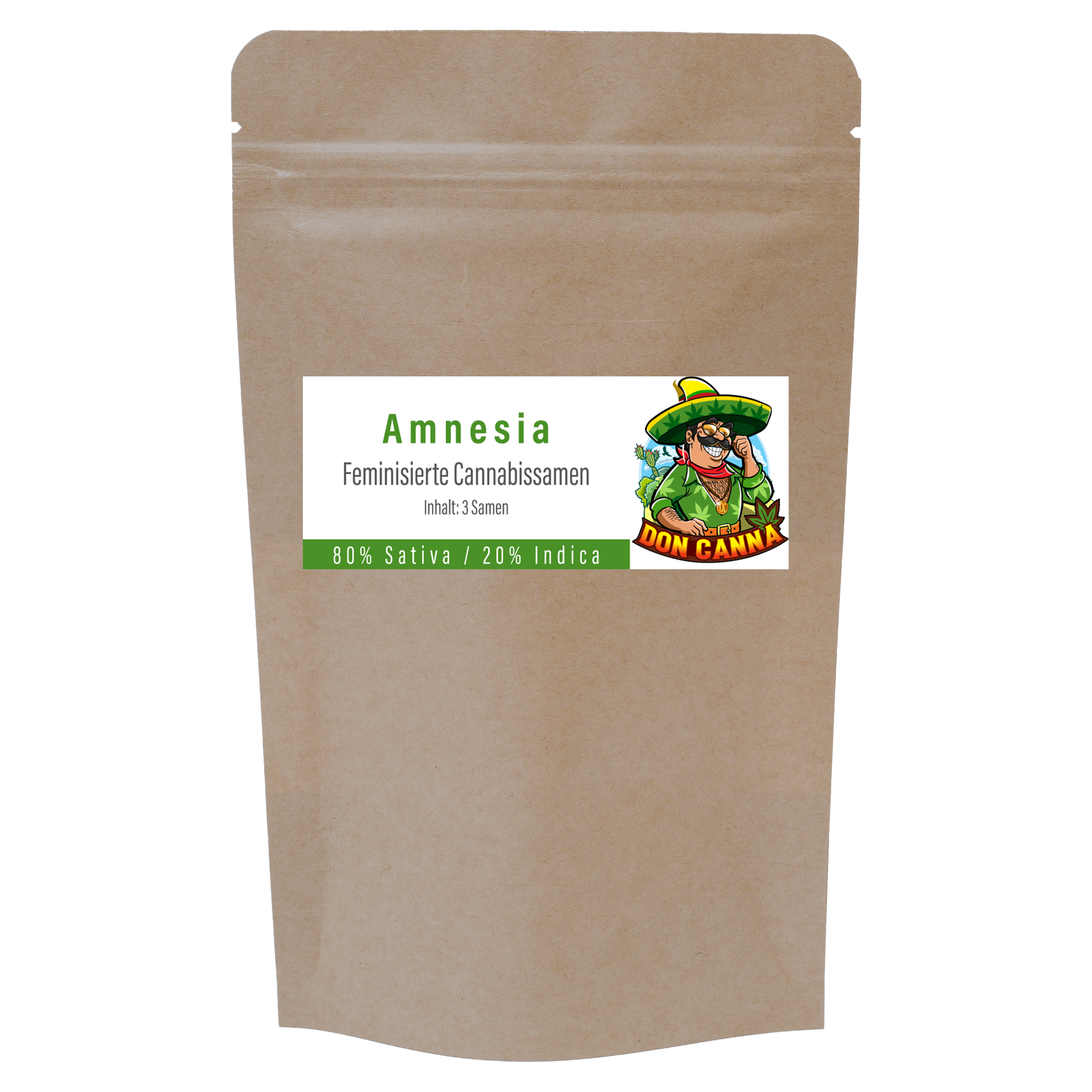 Vorderseite einer braunen Verpackung mit Etikett „Amnesia Feminiserte Cannabissamen, Inhalt: 3 Samen“ sowie Logo „Don Canna“ und Hinweis „80 % Sativa / 20 % Indica“.