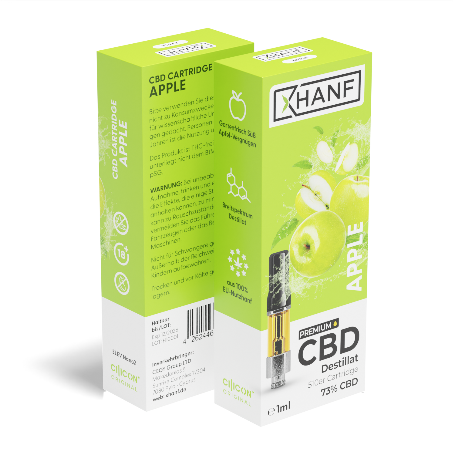 XHANF CBD Cartridge Apple 1 ml mit Vorder und Seitenansicht der grünen Verpackung