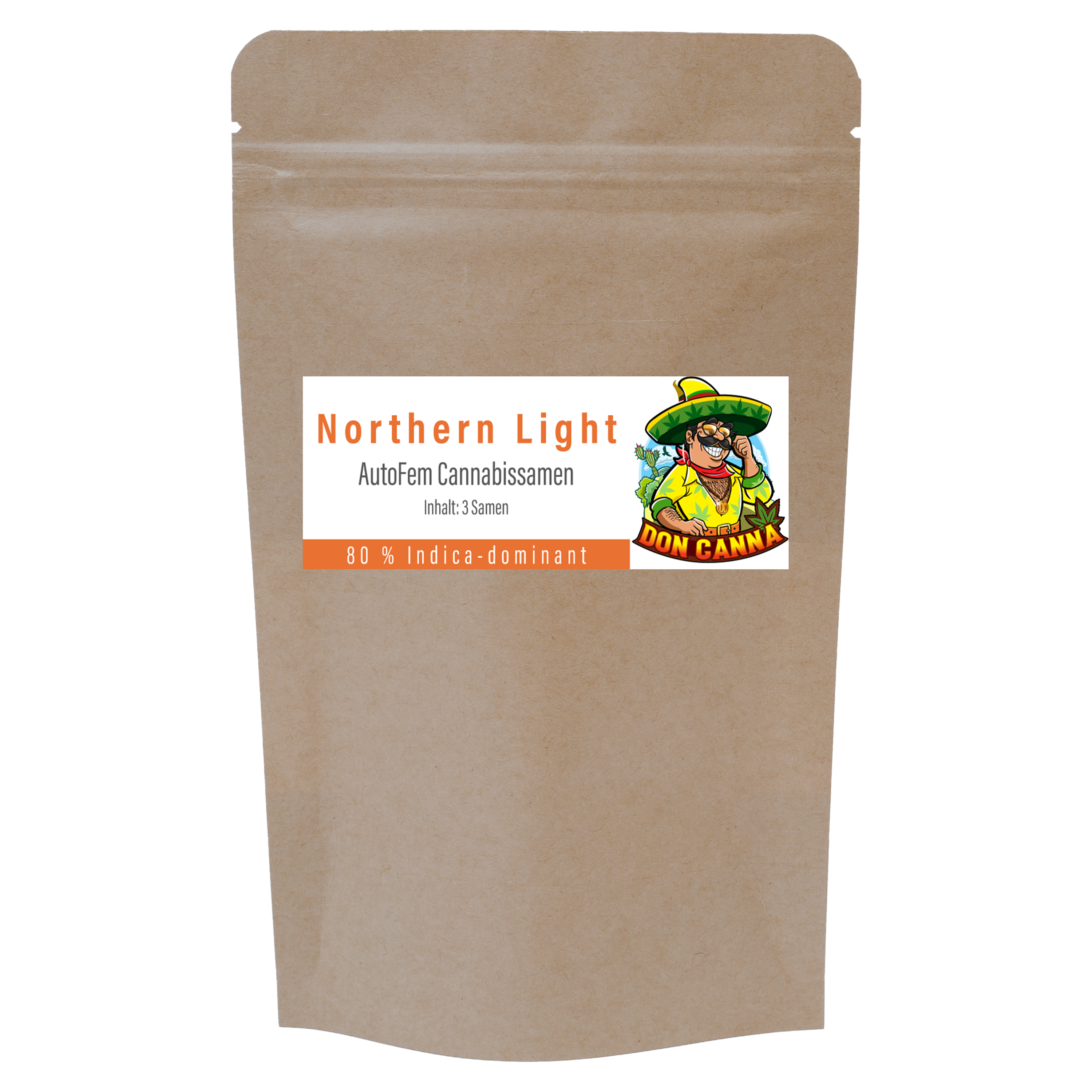 Vorderseite einer braunen Verpackung mit Etikett „Northern Light AutoFem Cannabissamen, Inhalt: 3 Samen“ sowie Logo „Don Canna“ und Hinweis „80 % Indica-dominant“.