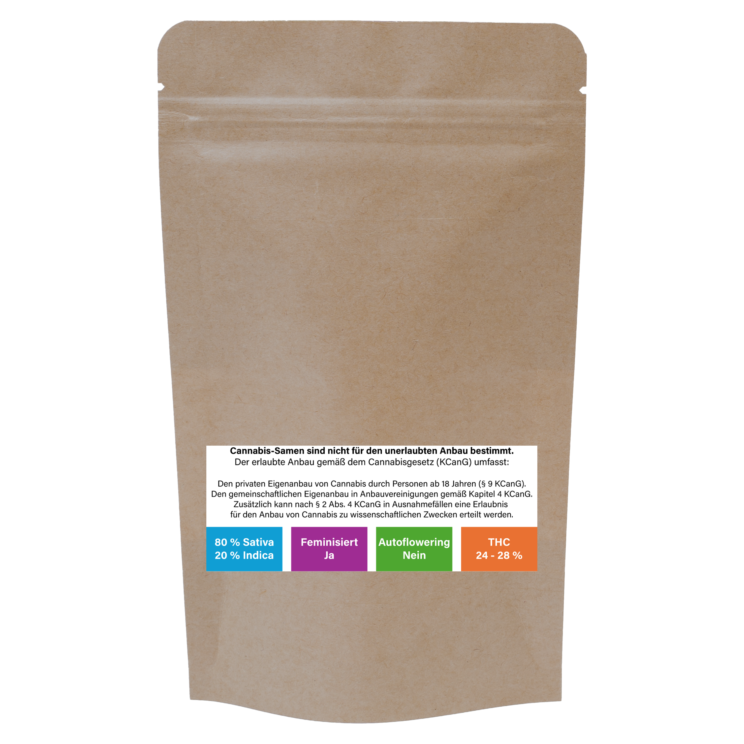 Cannabis-Samen Amnesia – Rückseite der Verpackung Rückseite einer braunen Verpackung mit Hinweistext zum Cannabisgesetz (KCanG) und Angaben zu den Samen: 80 % Sativa / 20 % Indica, feminisiert, kein Autoflowering, THC-Gehalt 24–28 %.