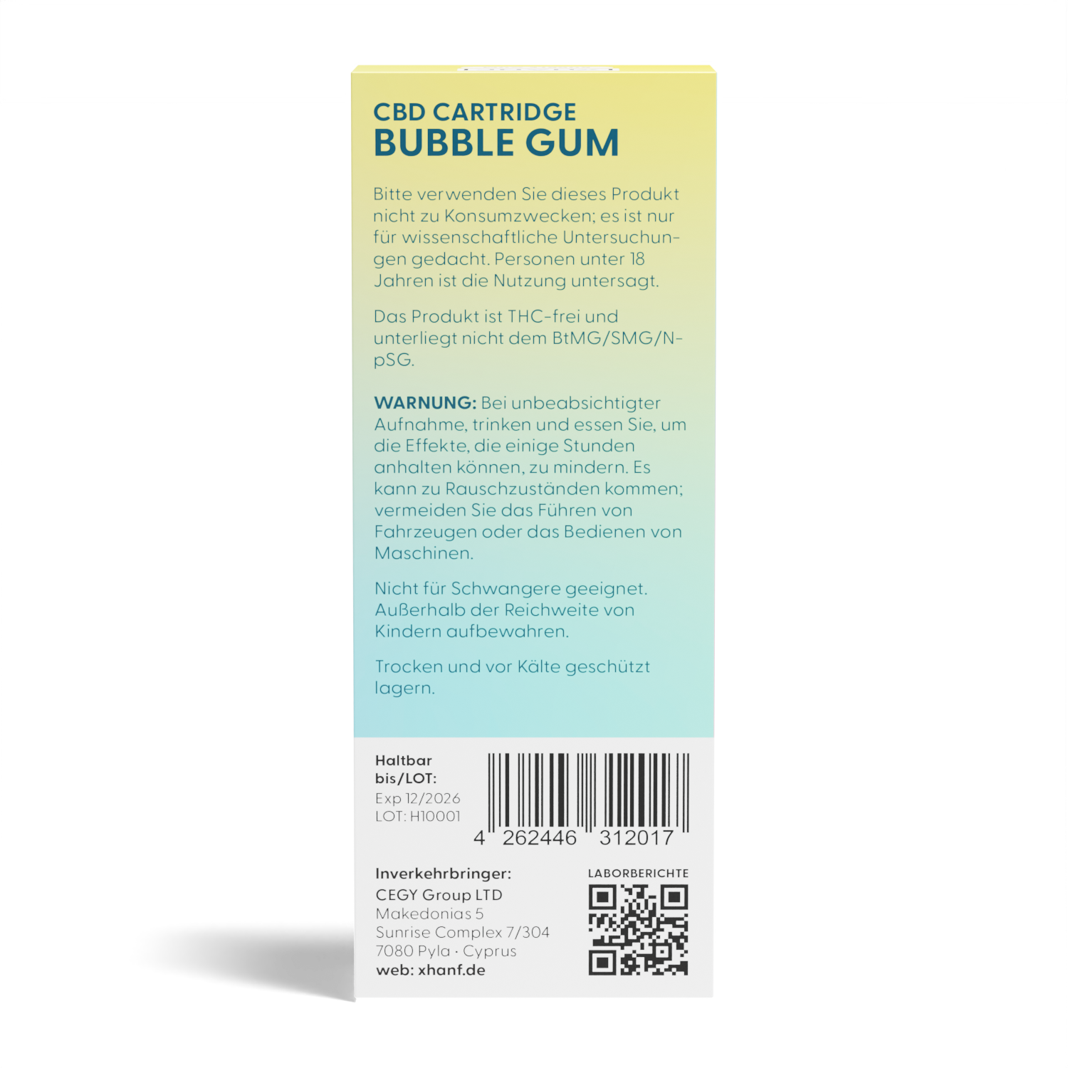 Rückseite der XHANF CBD Cartridge Bubble Gum Verpackung mit Warnhinweisen und Barcode