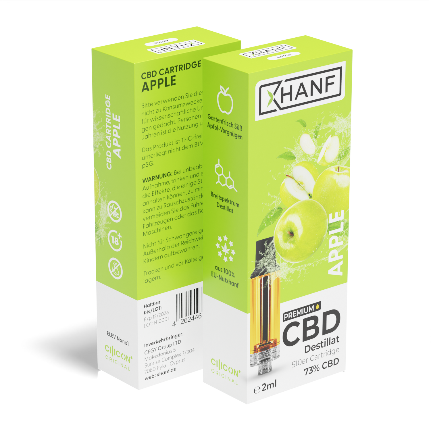 Vorder und Rückseite der XHANF CBD Apple CBD Cartridge Verpackung in Grün