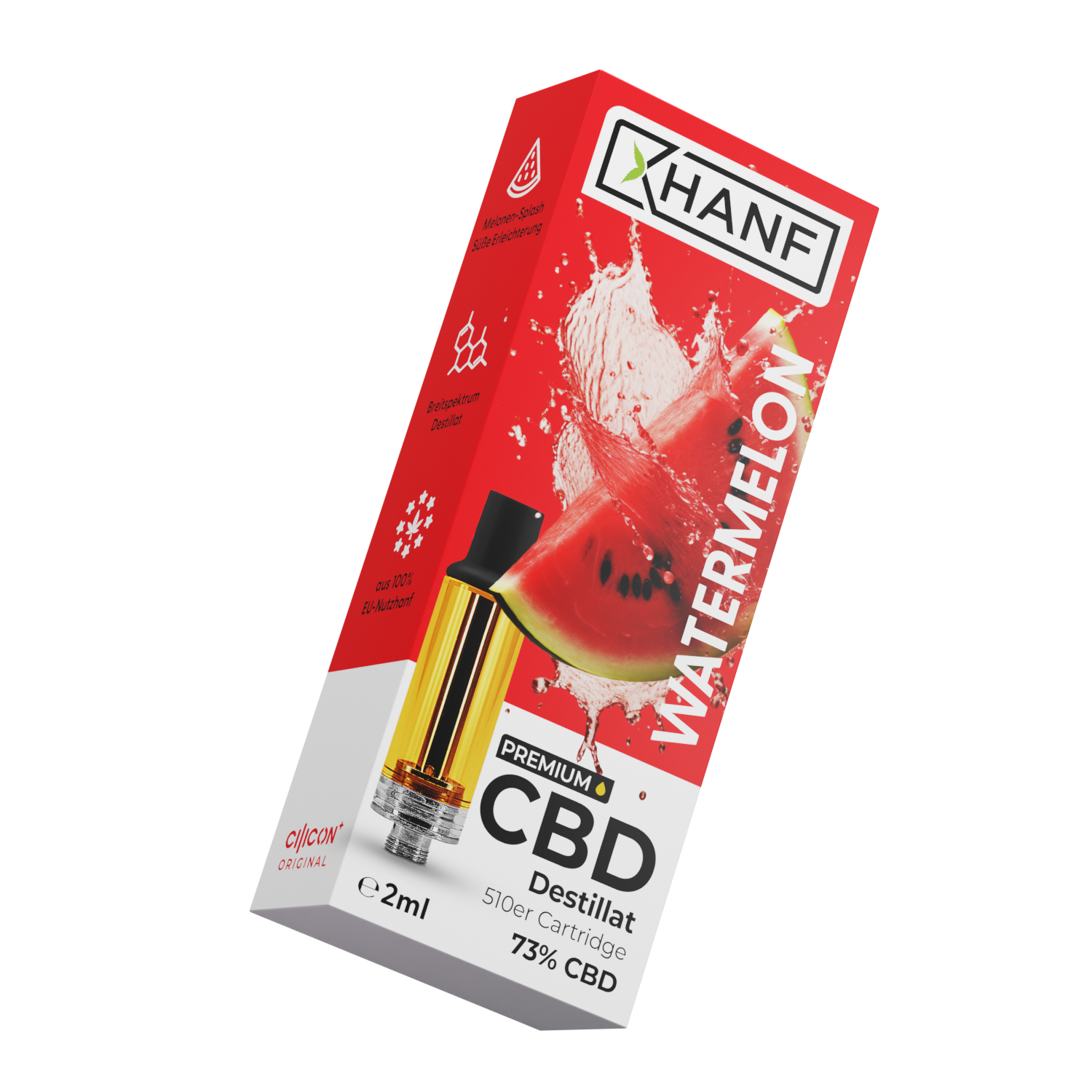 Schräg dargestellte rote Verpackung der XHANF CBD Cartridge Watermelon