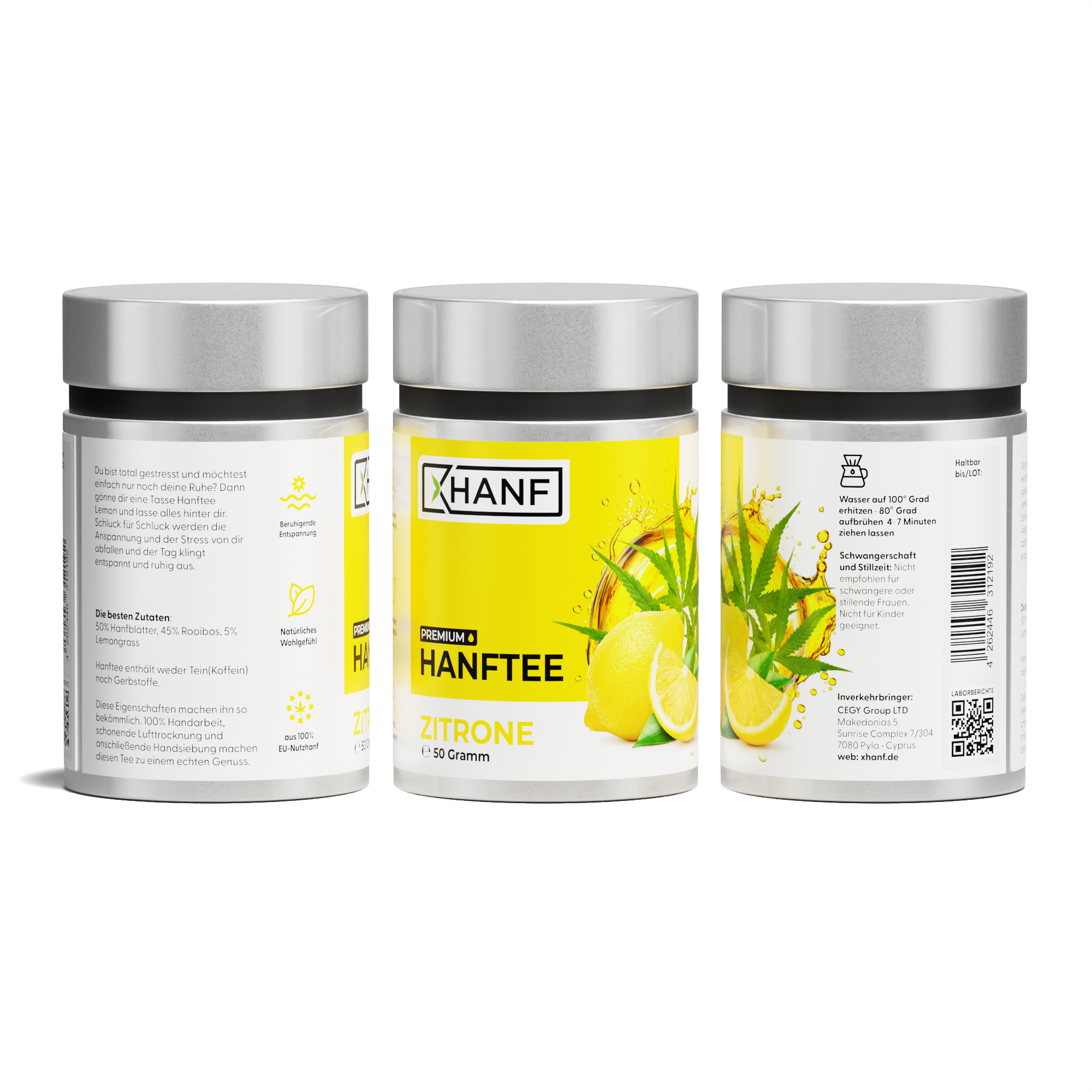 XHANF Hanftee Zitrone Produktdarstellung mit Vorder und Rückseite der Dose