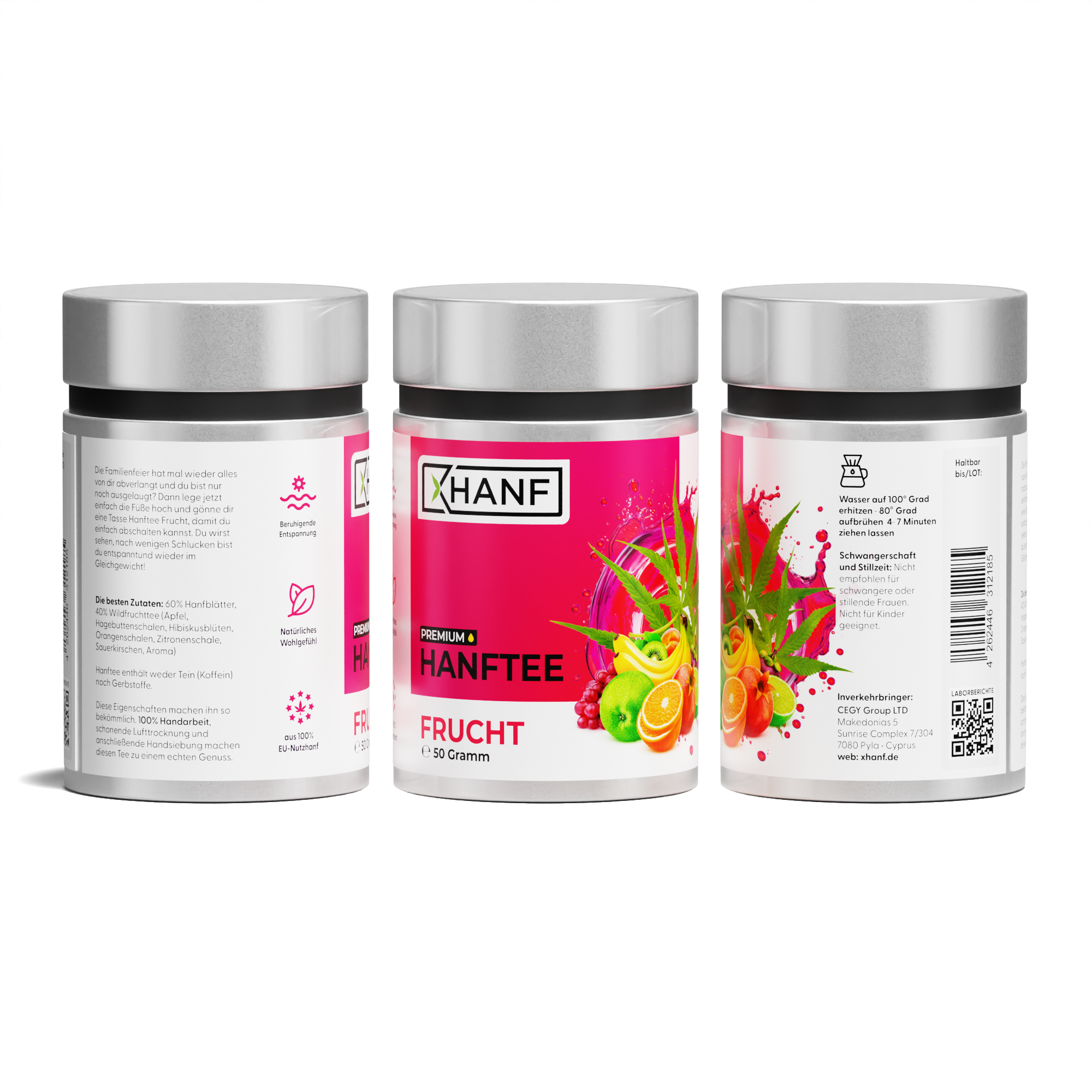 XHANF Hanftee Frucht Produktdarstellung mit Vorder und Rückseite der Dose