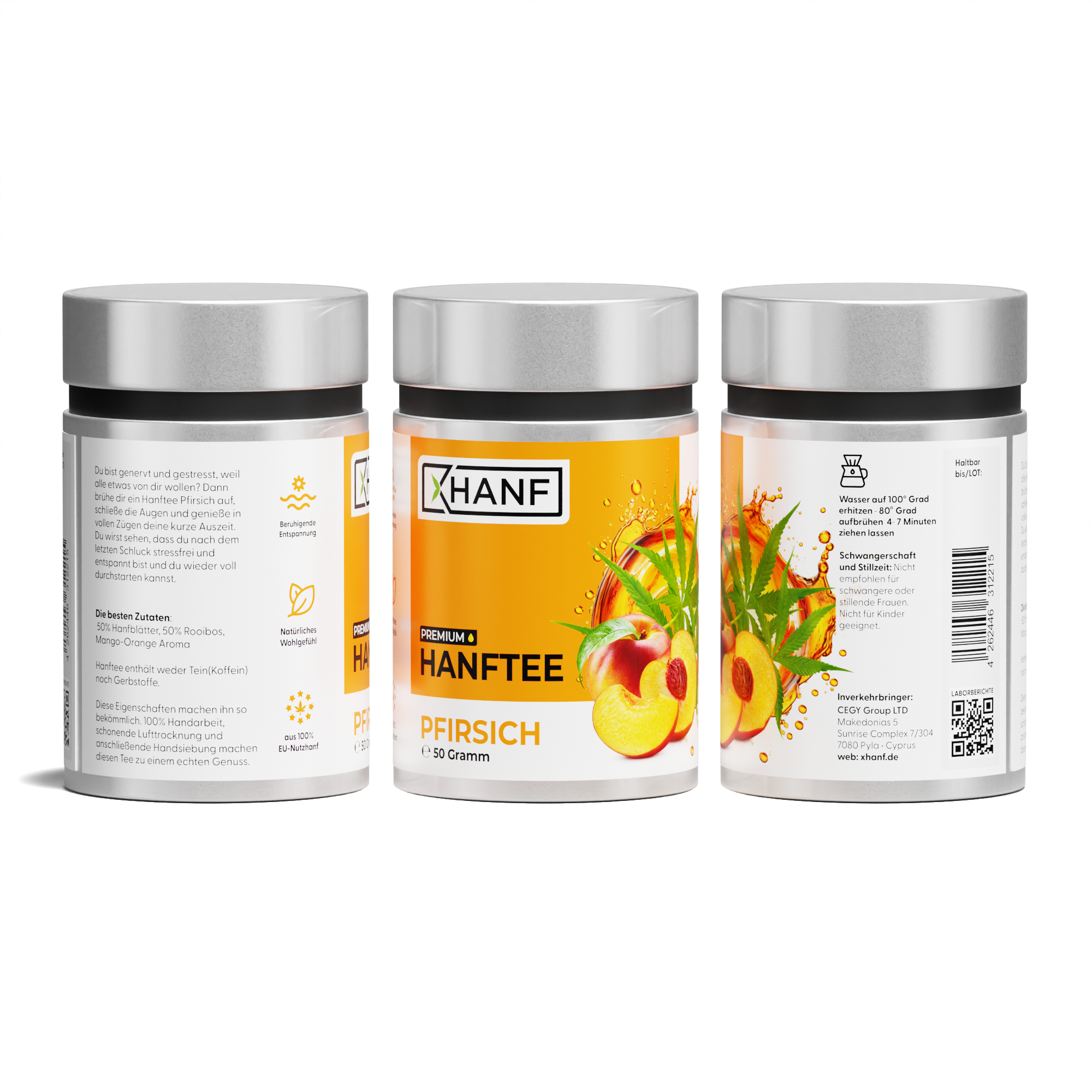 XHANF Hanftee Pfirsich Produktdarstellung mit Vorder und Rückseite der Dose