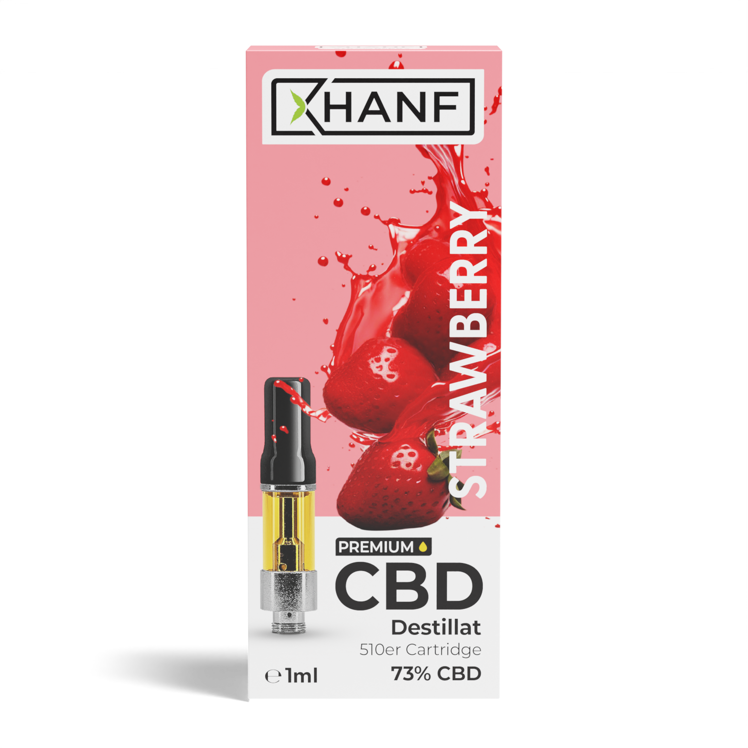 XHANF CBD Vape Strawberry Vorderseite mit Erdbeerdesign und Cartridge Abbildung