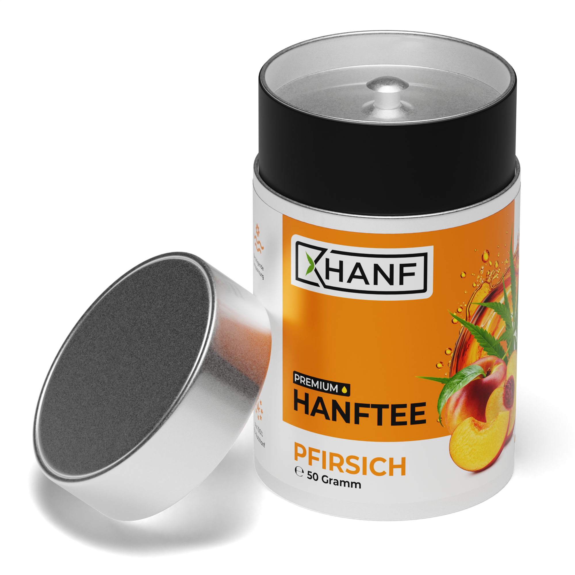 XHANF Premium Hanftee Pfirsich in Dose mit geöffnetem Deckel