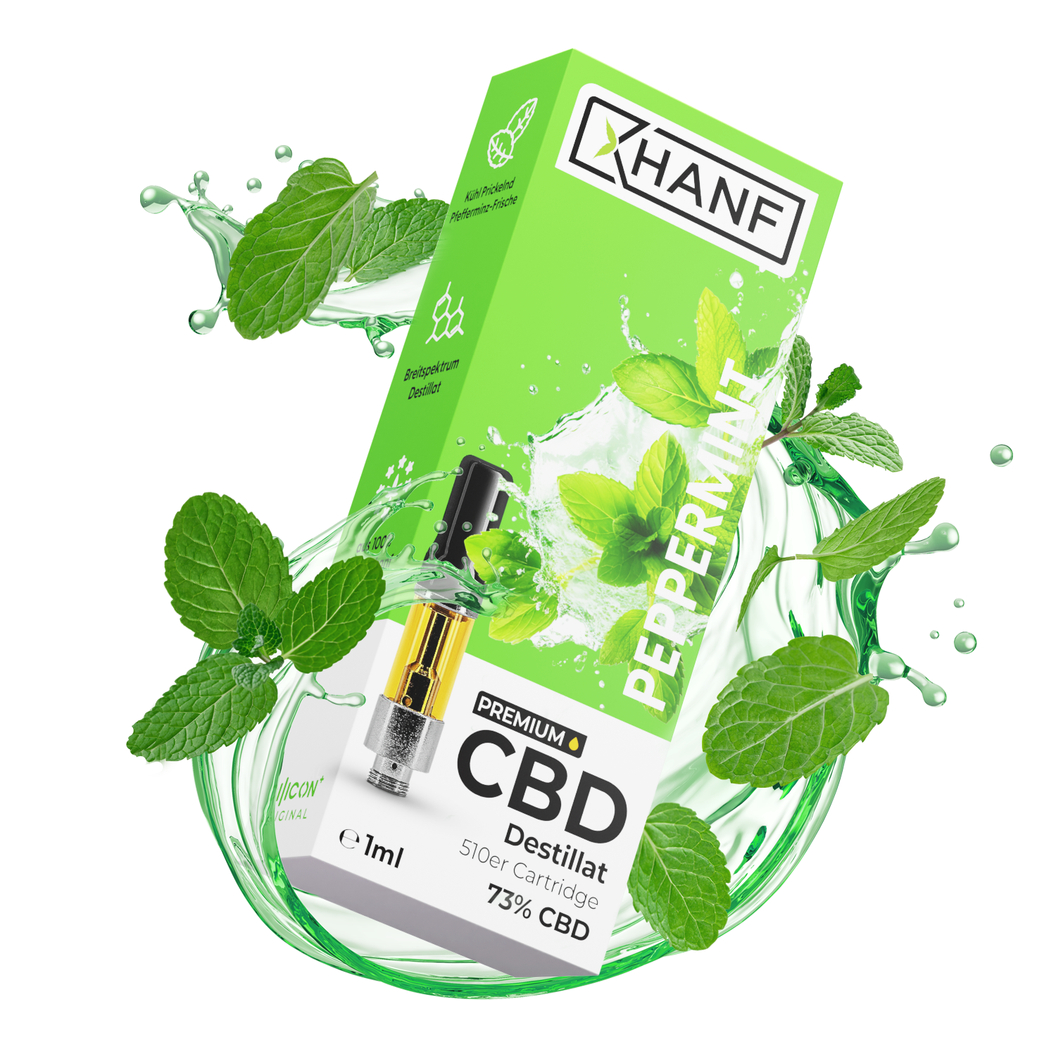 XHANF CBD Vape Peppermint mit frischen Minzblättern und dynamischem Splash Effekt