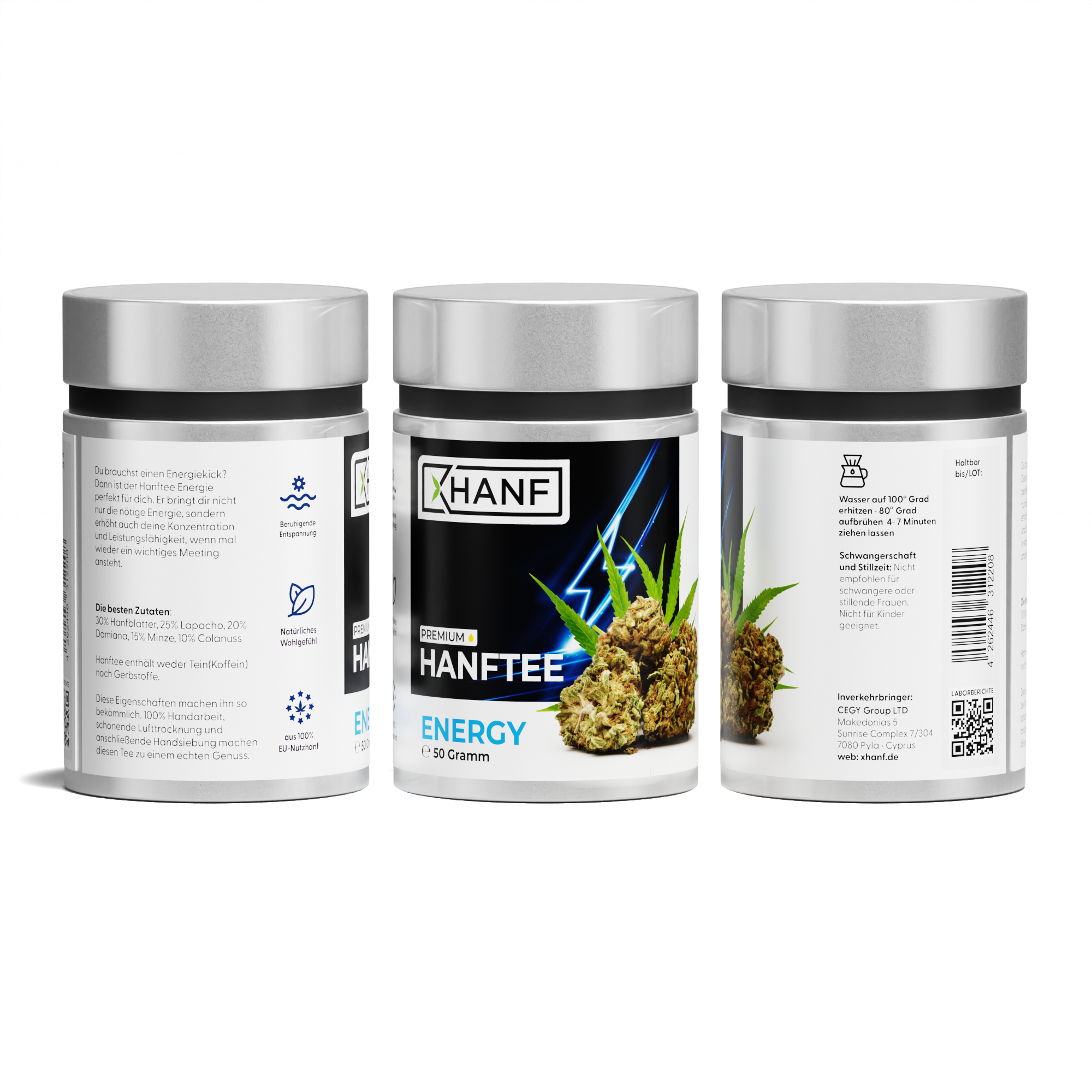 XHANF Hanftee Energy Produktdarstellung mit Vorder und Rückseite der Dose