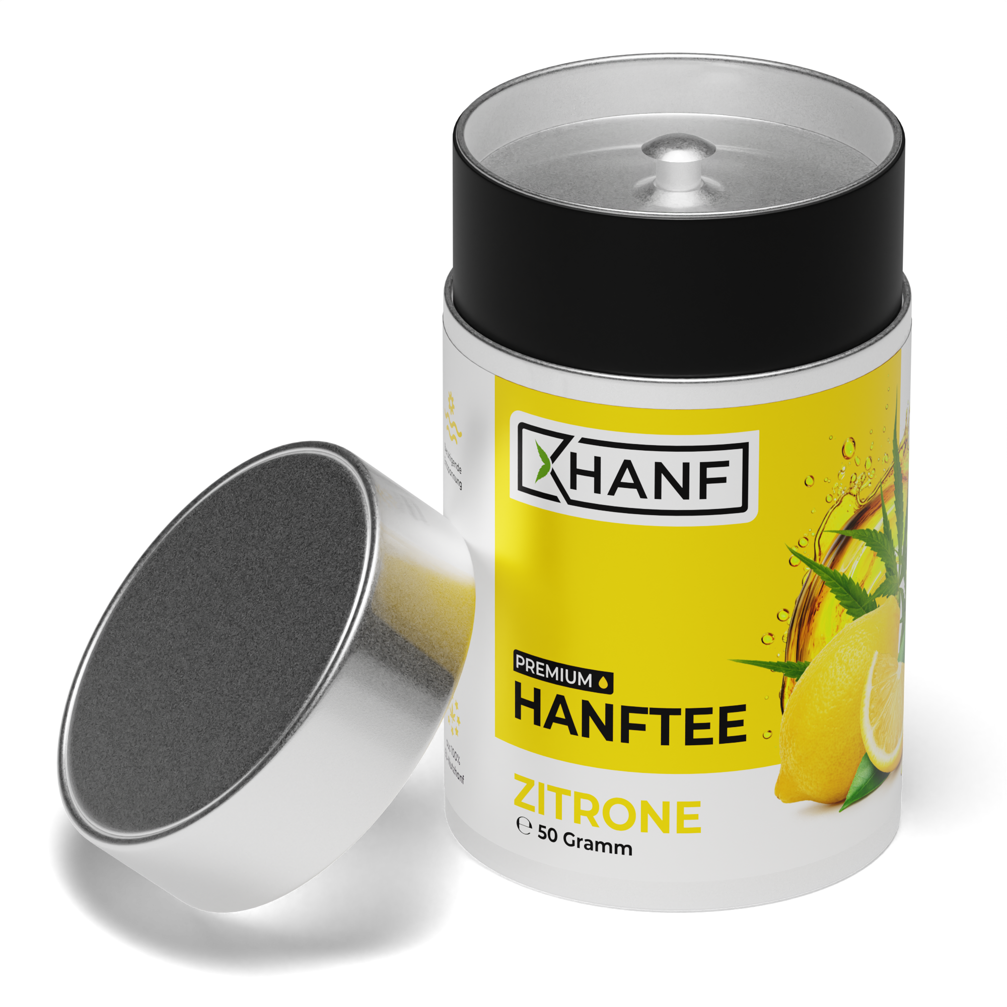 XHANF Premium Hanftee Zitrone in Dose mit geöffnetem Deckel