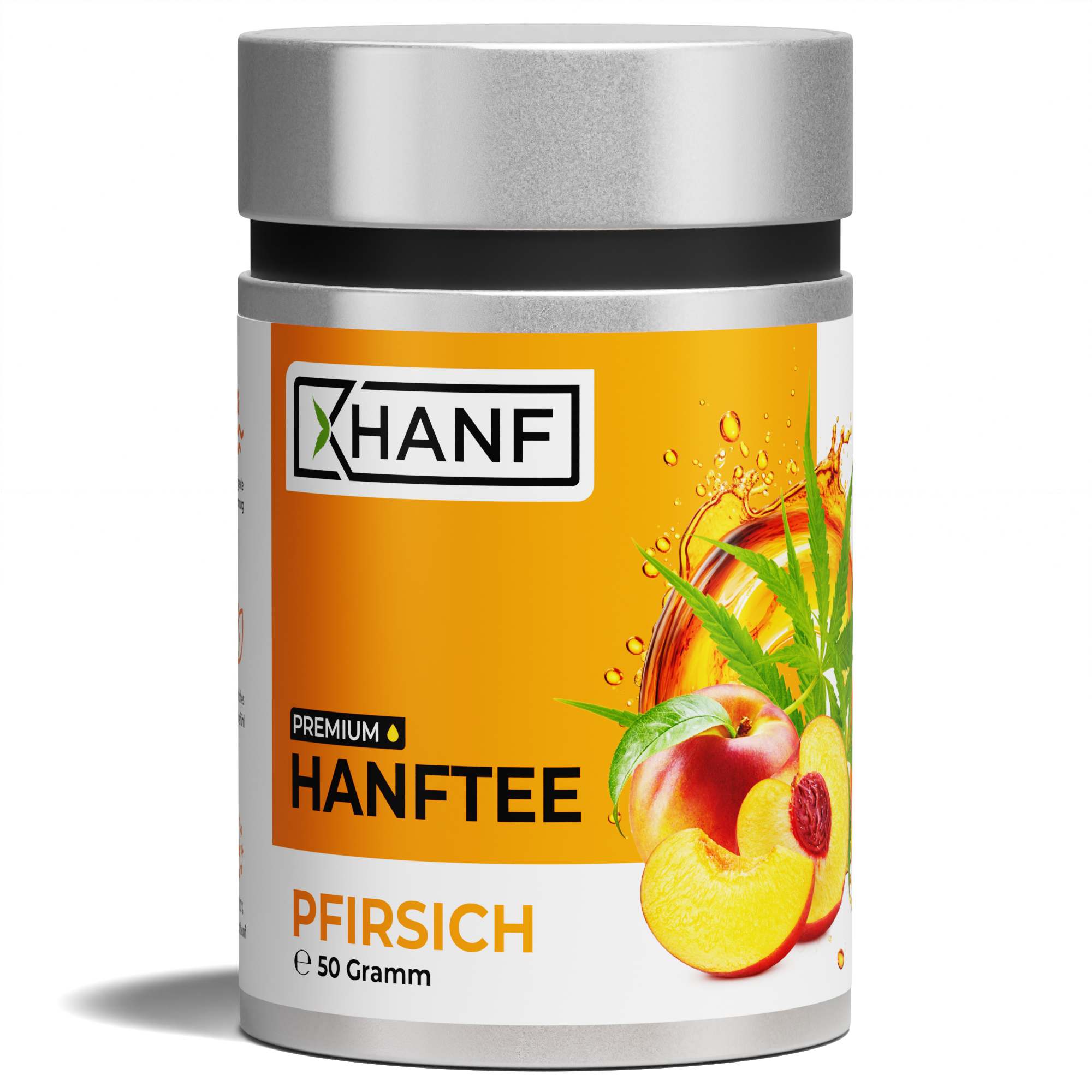 XHANF Premium Hanftee Pfirsich 50 Gramm Dose mit Pfirsichmotiv