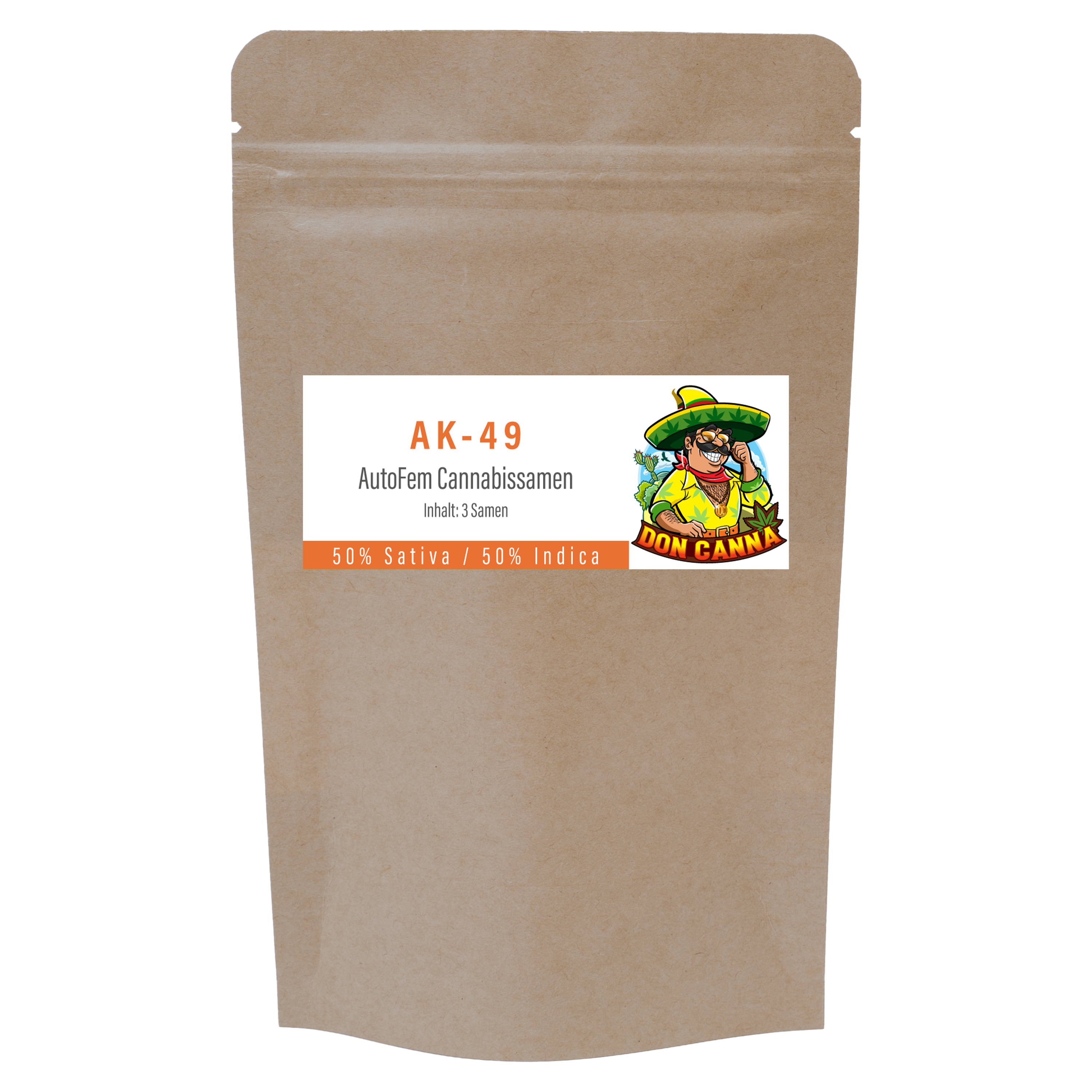Vorderseite einer braunen Verpackung mit Etikett „AK-49 AutoFem Cannabissamen, Inhalt: 3 Samen“ sowie Logo „Don Canna“ und Hinweis „50 % Sativa / 50 % Indica“.