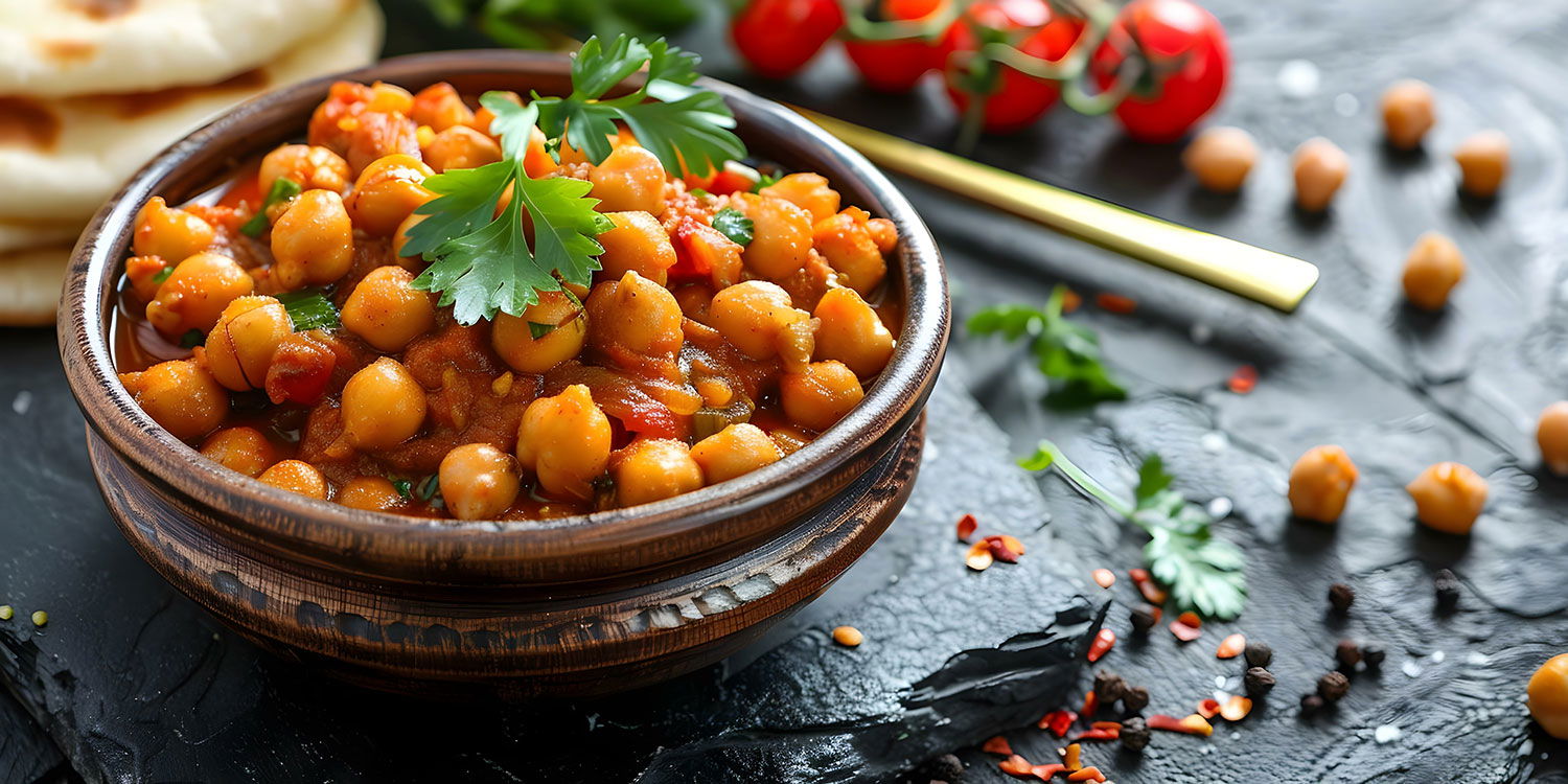 Schale mit indischem Kichererbsen-Masala in Tomatensoße, garniert mit frischem Koriander, daneben Naanbrot und Gewürze auf schwarzem Untergrund Schale mit indischem Kichererbsen-Masala in Tomatensoße, garniert mit frischem Koriander, daneben Naanbrot und Gewürze auf schwarzem Untergrund