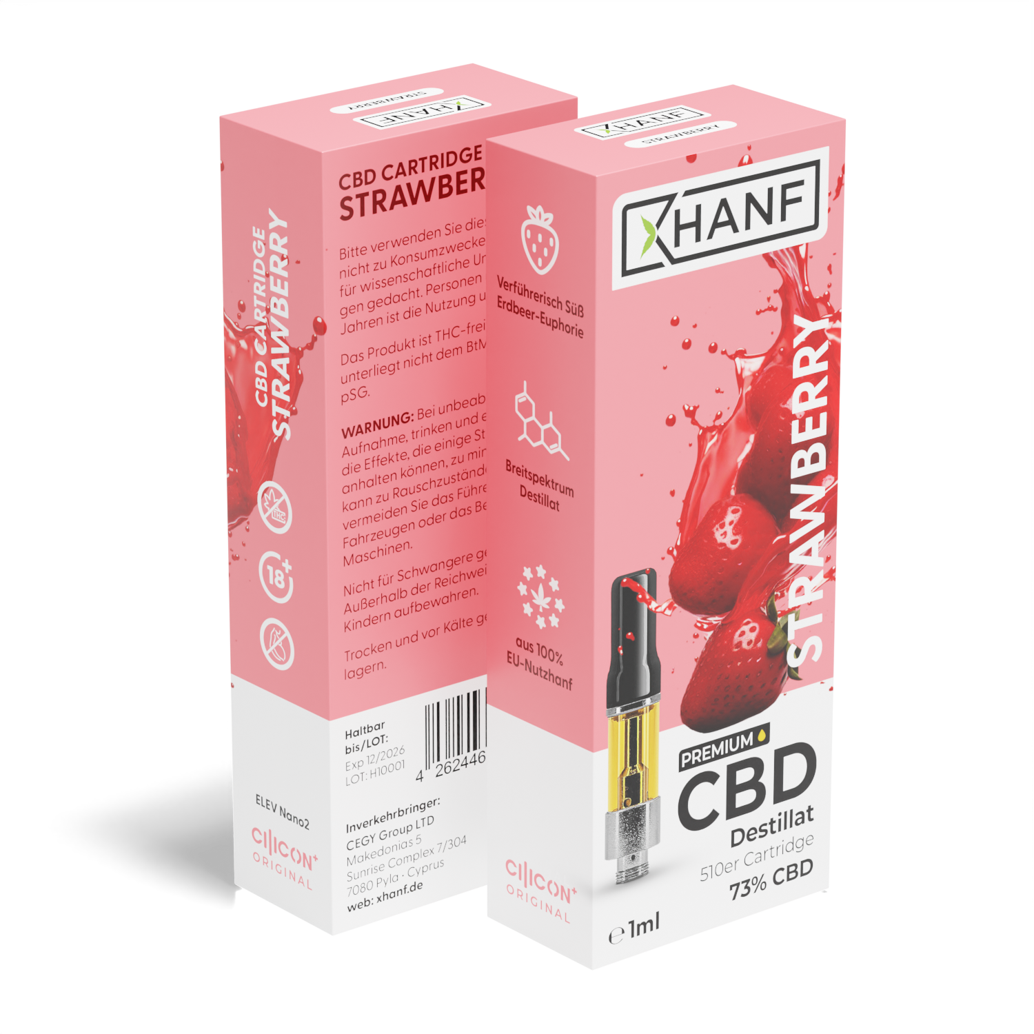 XHANF CBD Vape Strawberry Verpackung aus mehreren Perspektiven mit Cartridge