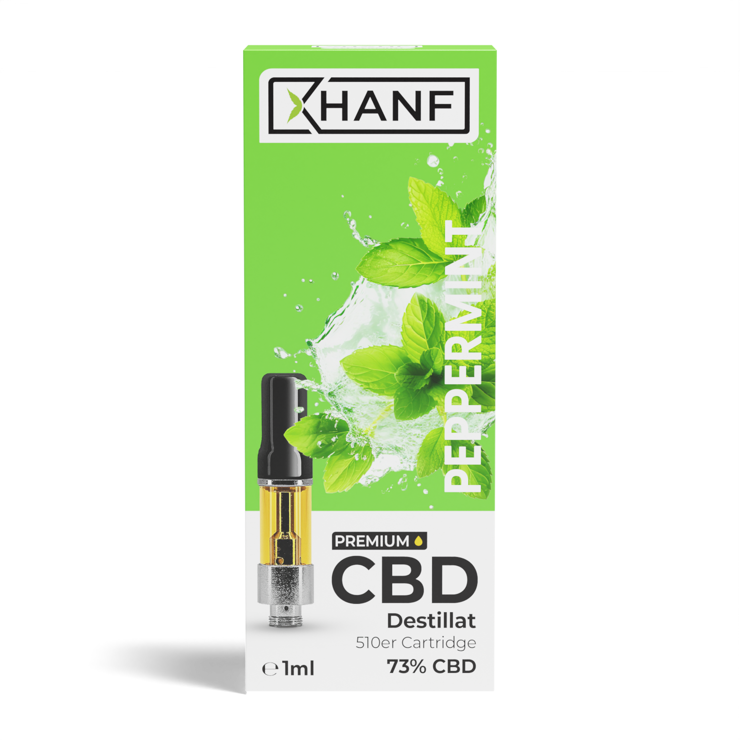 XHANF CBD Vape Peppermint Vorderseite mit Minzdesign und Cartridge Abbildung